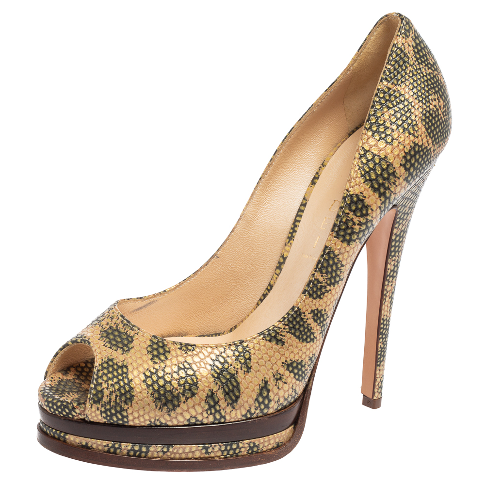 Casadei Beige/Green Lizard Embossed Leather  Peep Toe Platform Pumps Size 38