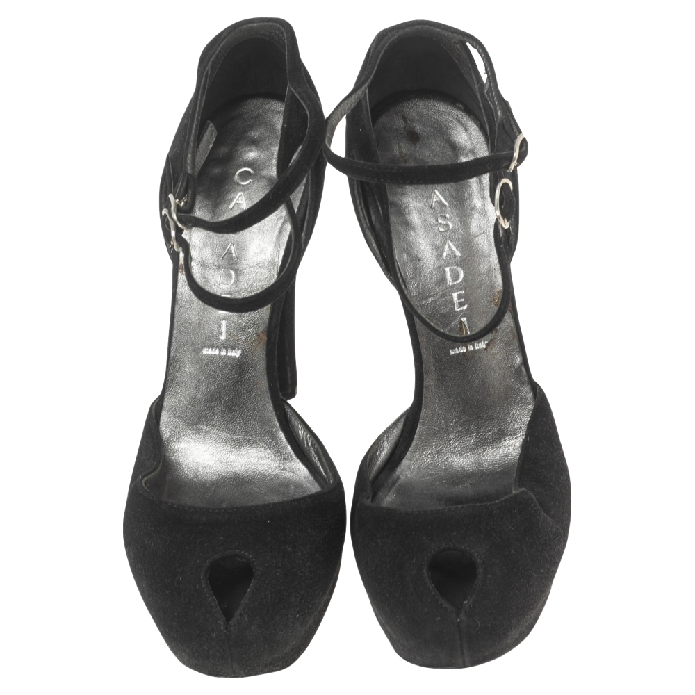 Casadei Black Suede Peep-Toe Ankle Strap Platform Sandals Size 35