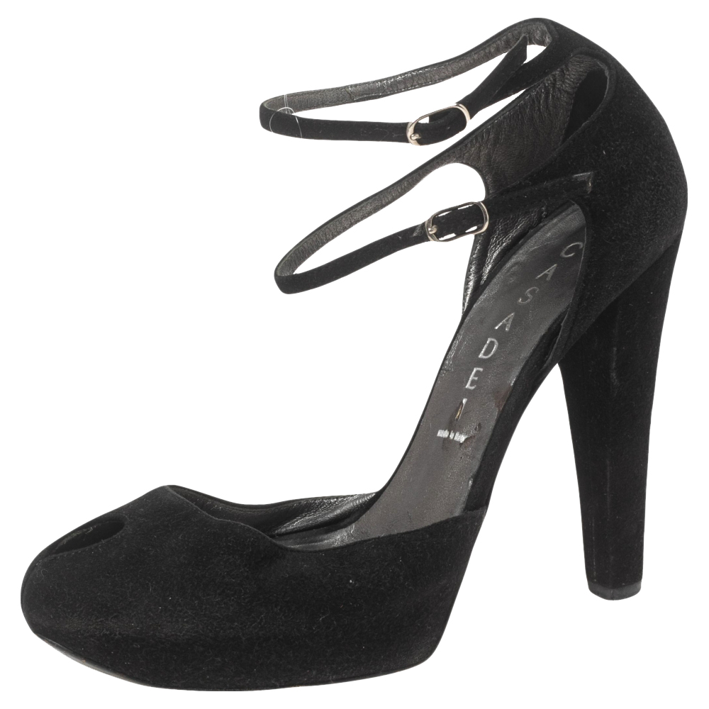 Casadei Black Suede Peep-Toe Ankle Strap Platform Sandals Size 35