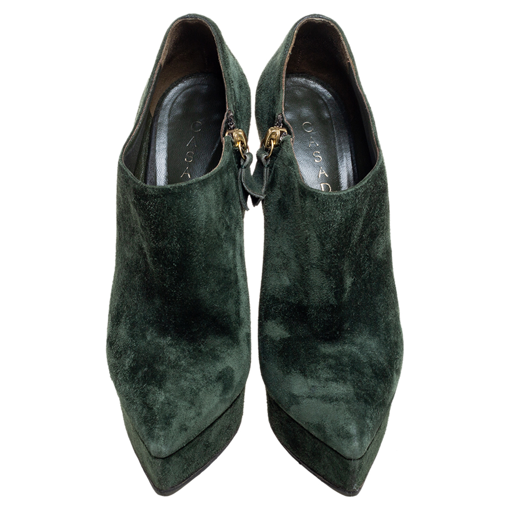 Casadei Green Suede Pointed-Toe Platform Ankle Booties Size 37