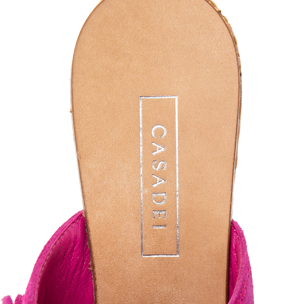 Casadei Pink Suede Tassel Open Toe Cork Platform Wedge Sandals Size 38