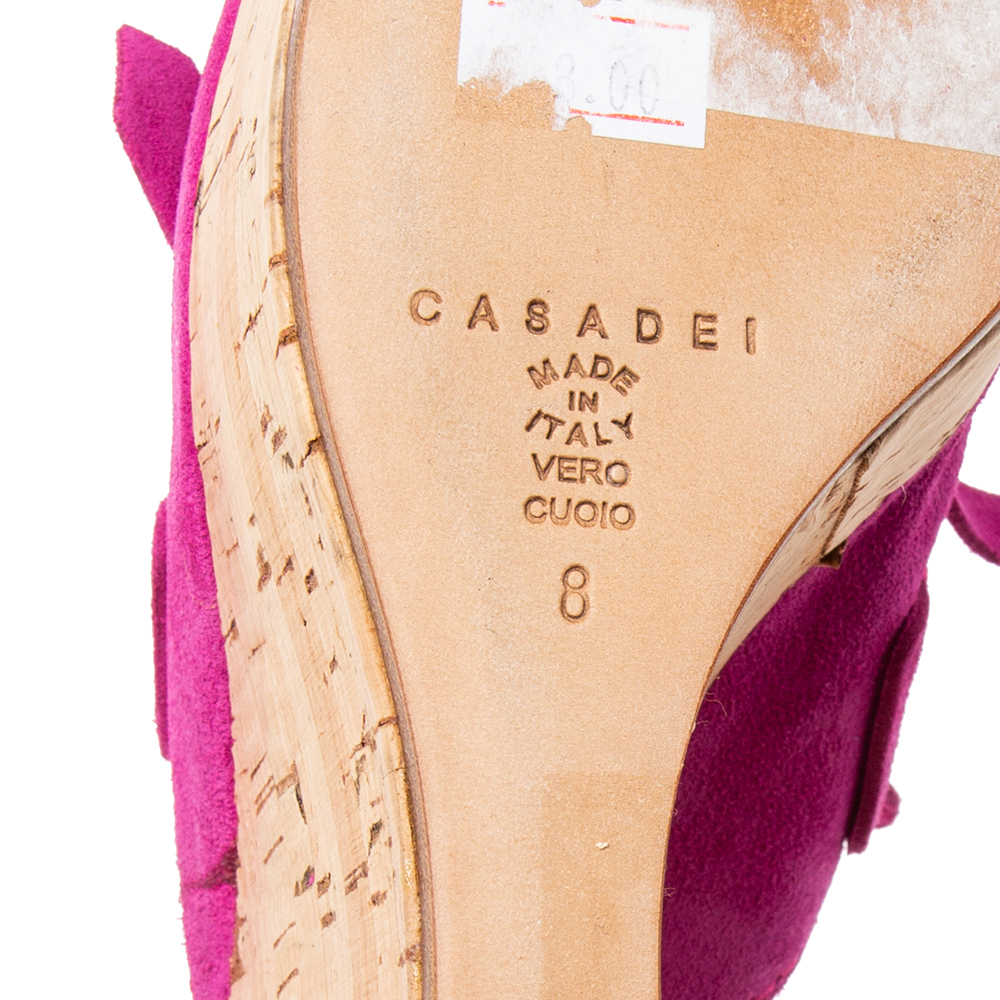 Casadei Pink Suede Tassel Open Toe Cork Platform Wedge Sandals Size 38