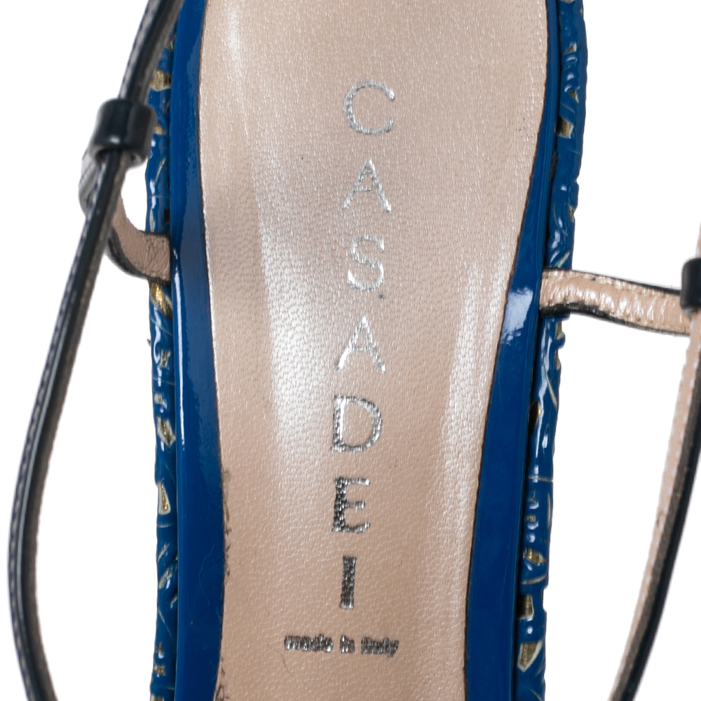 Casadei Navy Blue Patent Leather Laser-Cut Platform Strappy Sandals Size 41