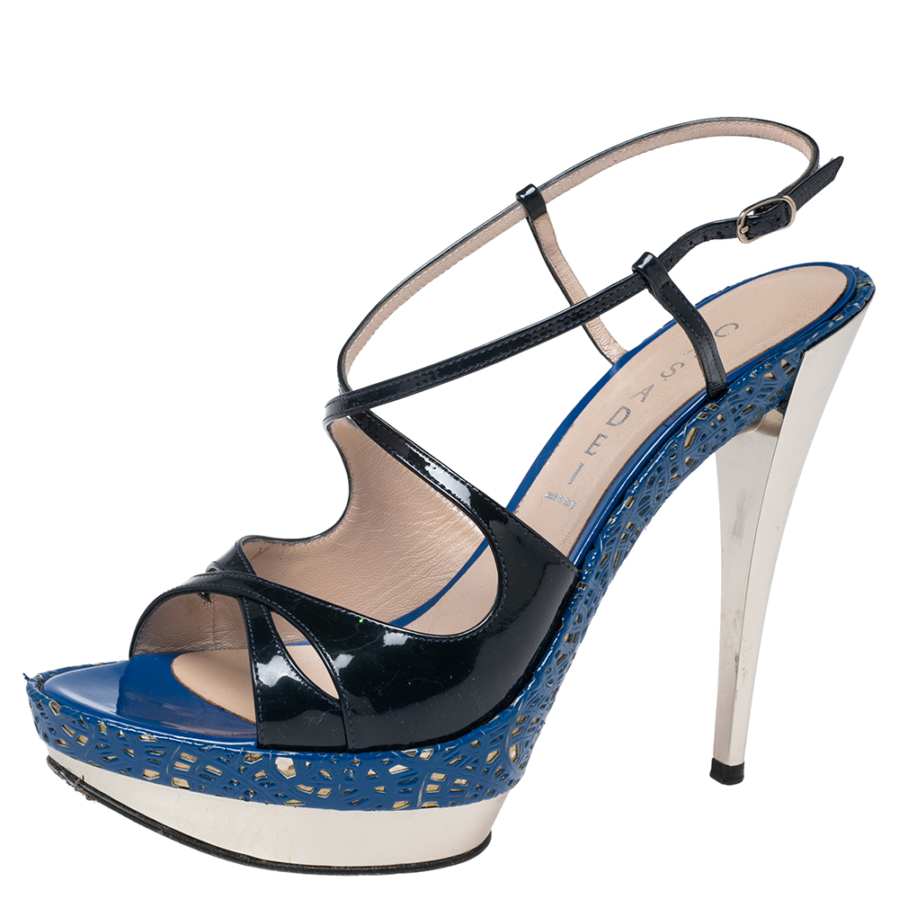 Casadei Navy Blue Patent Leather Laser-Cut Platform Strappy Sandals Size 41