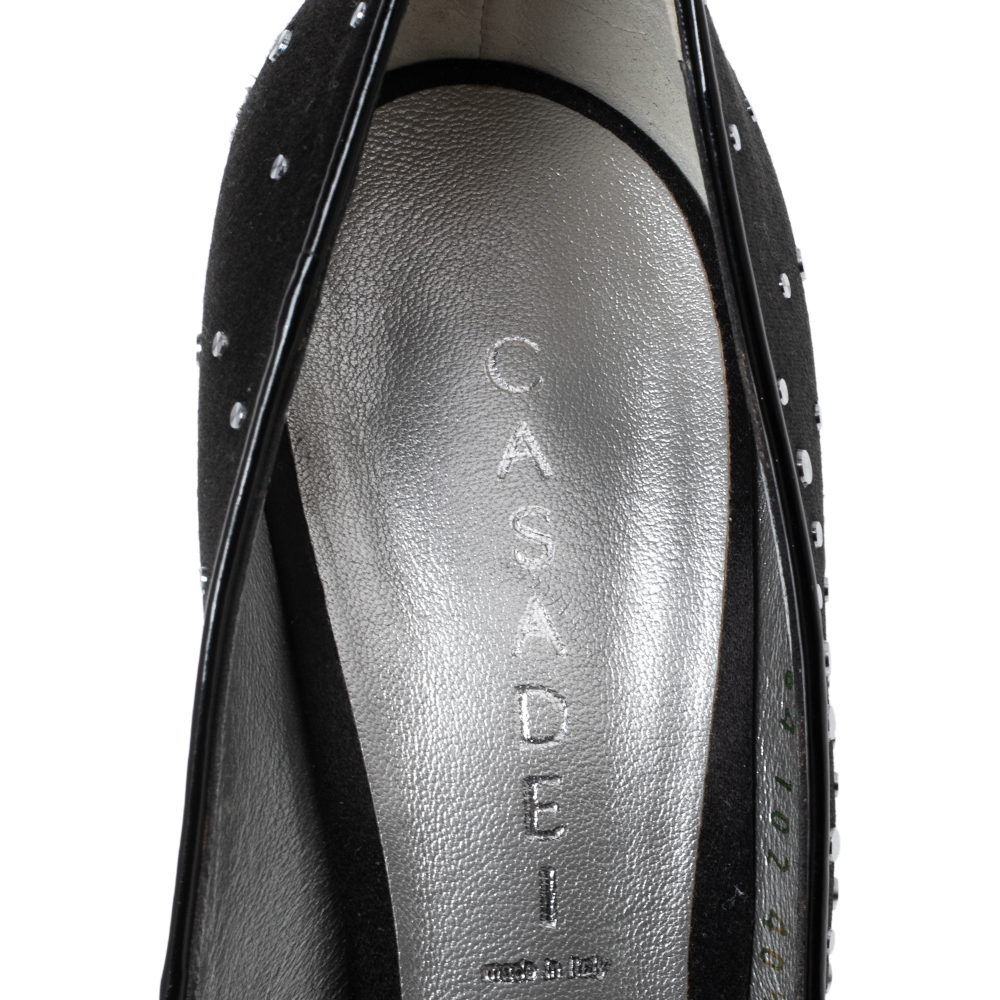 Casadei Black Studded Satin Peep-Toe Platform Pumps Size 40.5