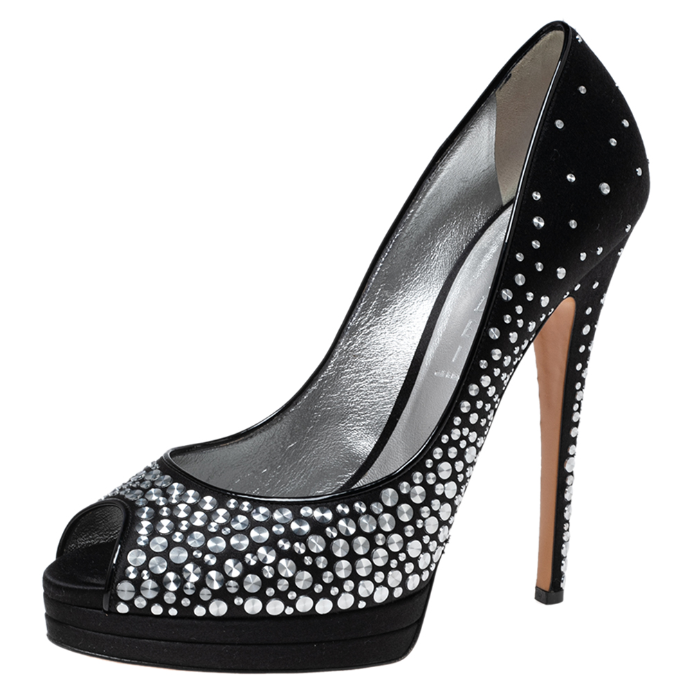 Casadei black studded satin peep-toe platform pumps size 40.5