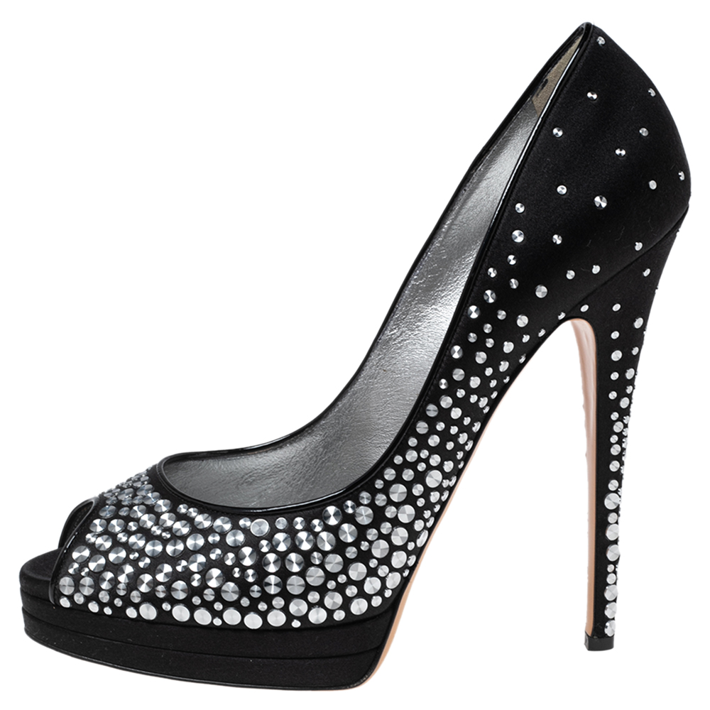 Casadei Black Studded Satin Peep-Toe Platform Pumps Size 40.5