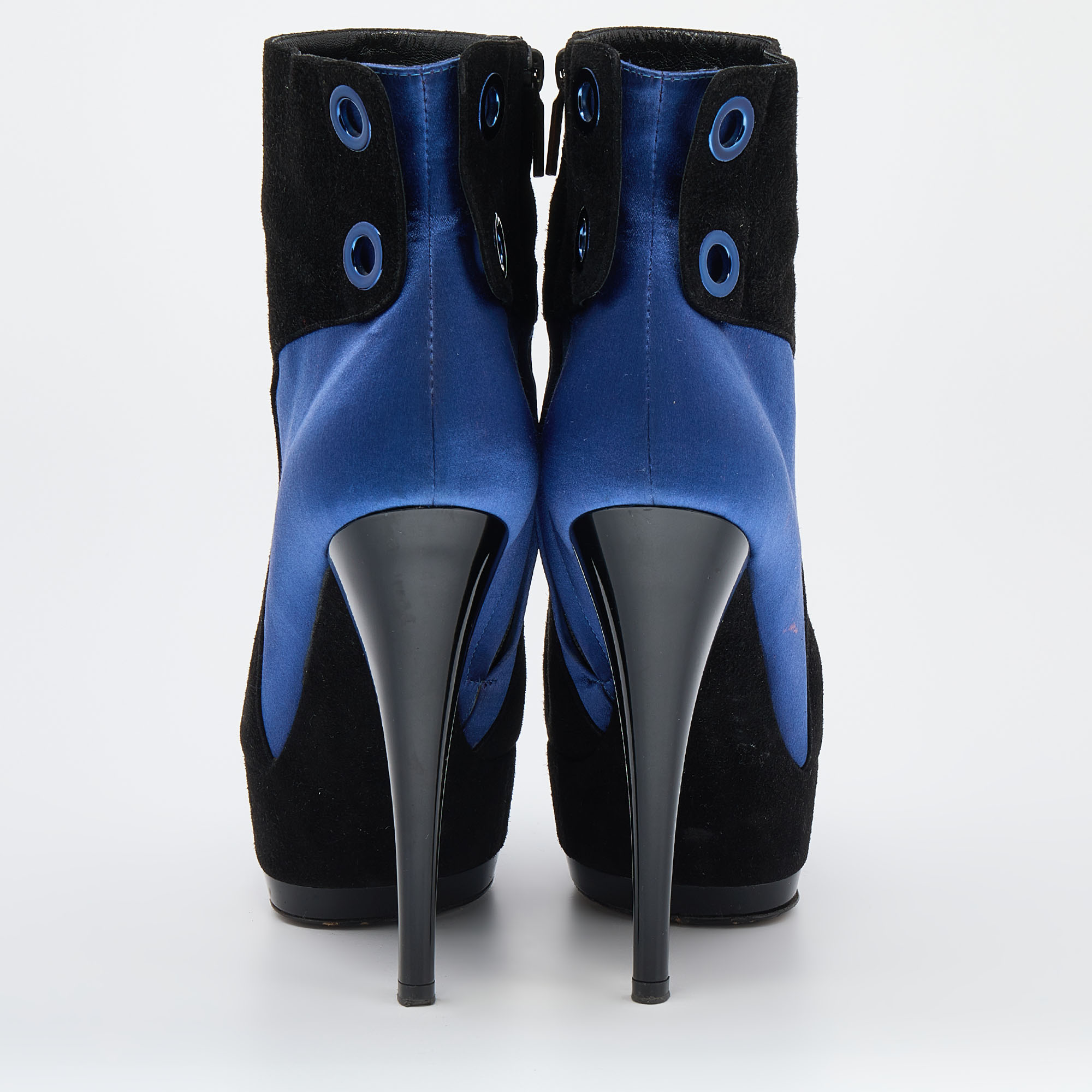 Casadei Black/Blue Suede And Satin Platform Ankle Boots Size 38