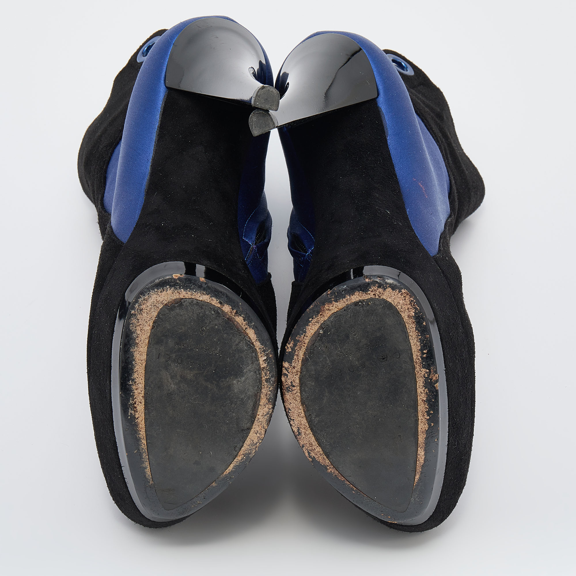 Casadei Black/Blue Suede And Satin Platform Ankle Boots Size 38