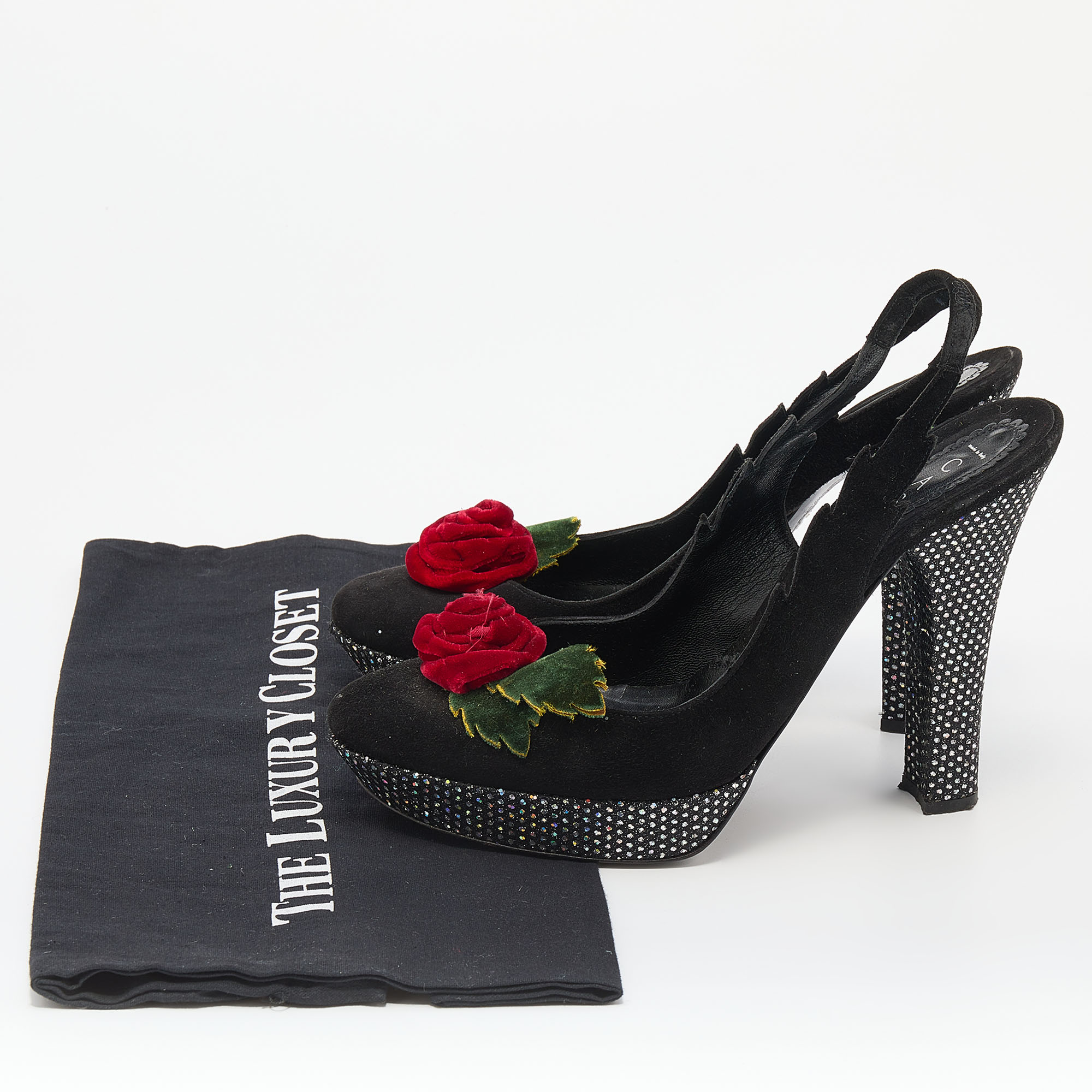 Casadei Black Suede Rose Platform Slingback Sandals Size 38