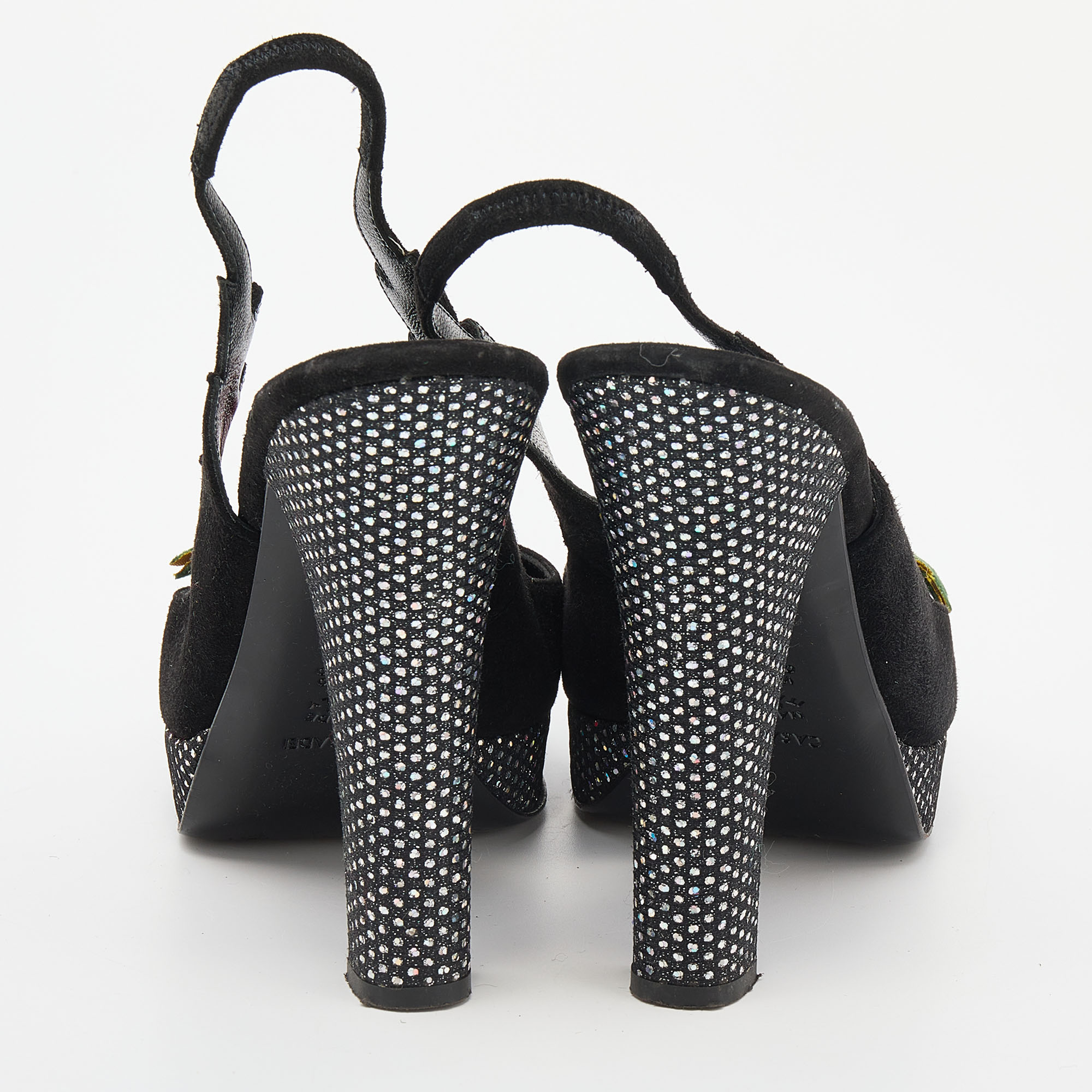 Casadei Black Suede Rose Platform Slingback Sandals Size 38