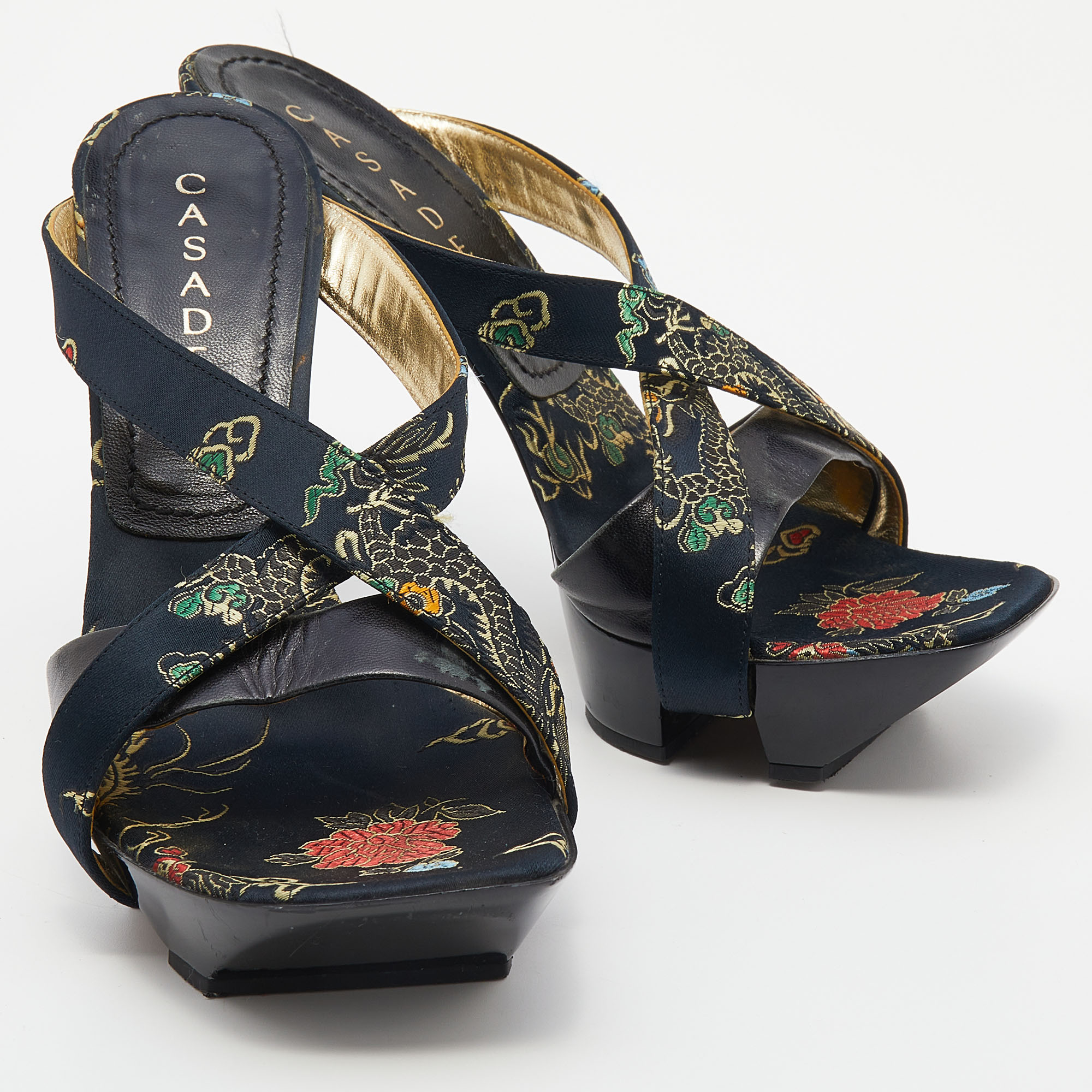 Casadei Multicolor Embroidered Satin And Leather Leather Strappy Platform Open Toe Sandals Size 37.5