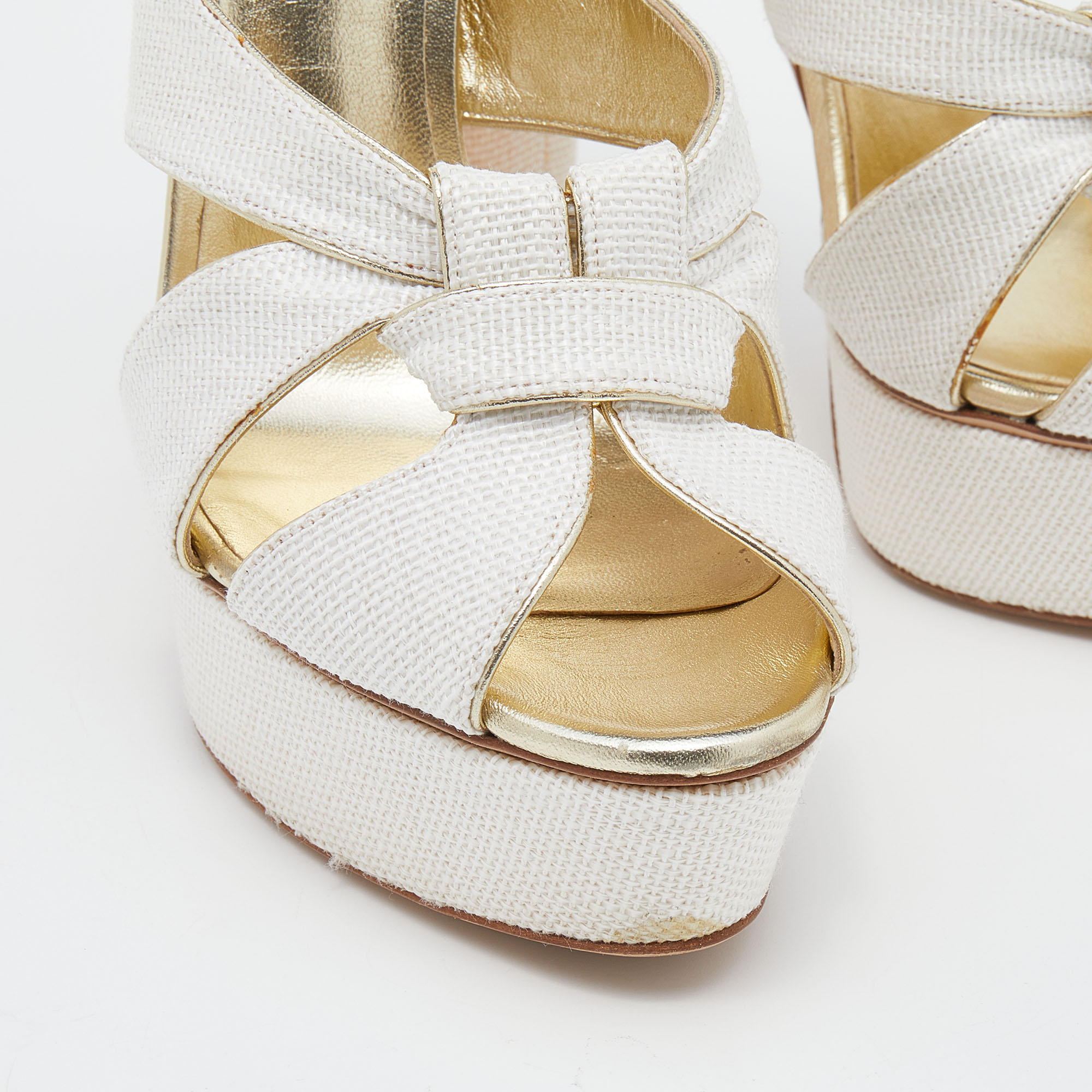 Casadei White/Gold Woven Straw And Leather Platform Sandals Size 39