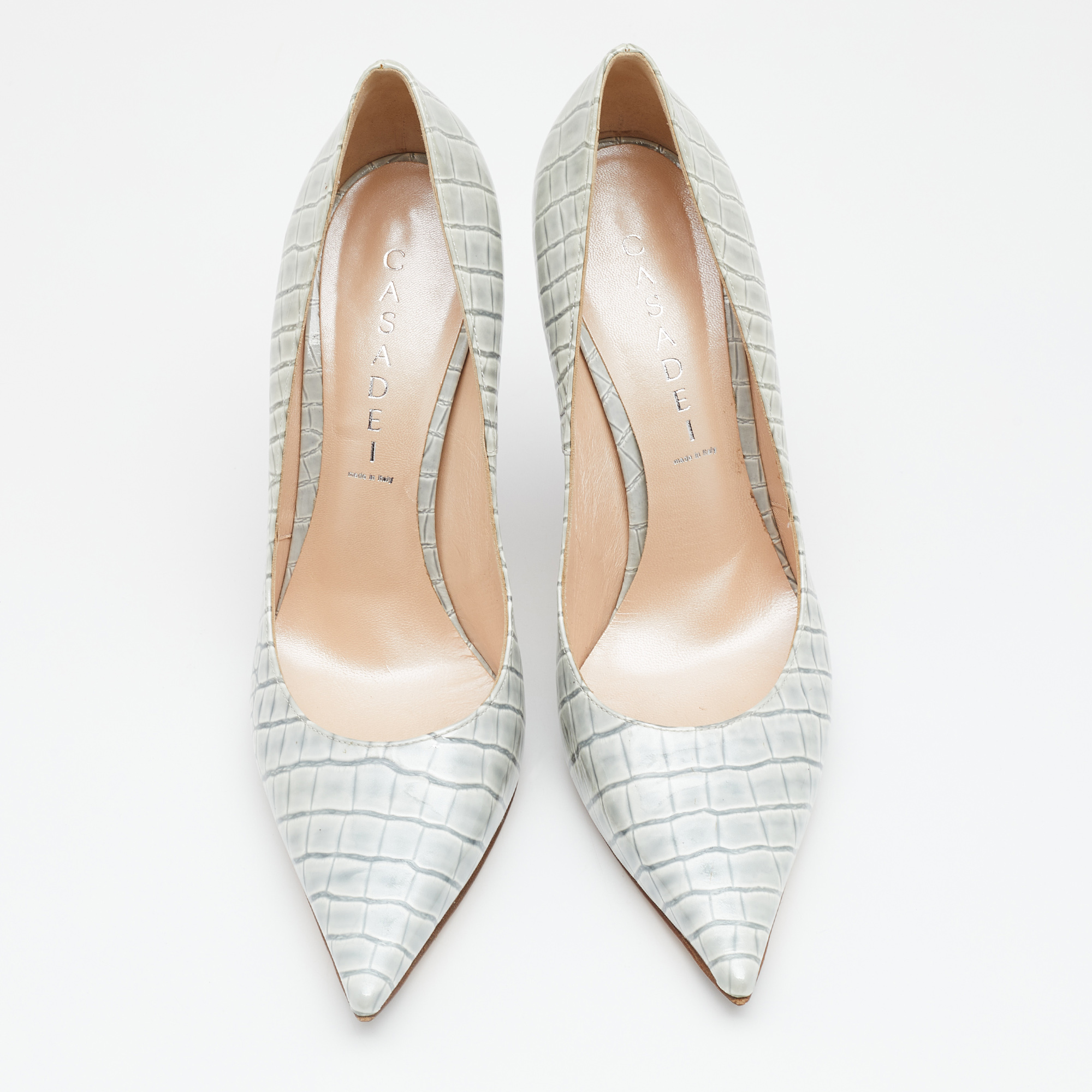 Casadei Grey Croc Embossed Patent Leather Pointed Toe Pumps Size 38.5