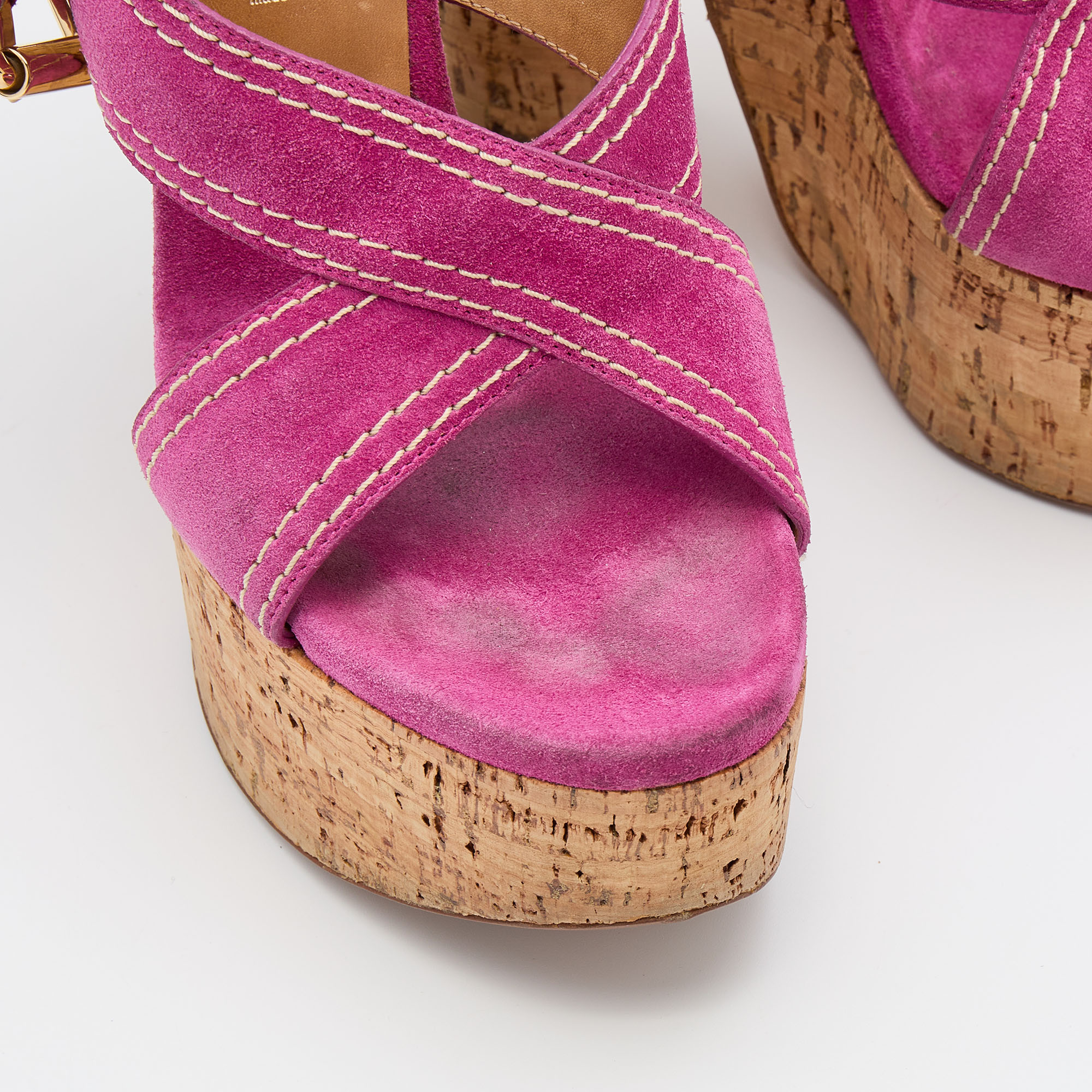 Casadei Pink Suede Cork Platform Block Heel Sandals Size 38