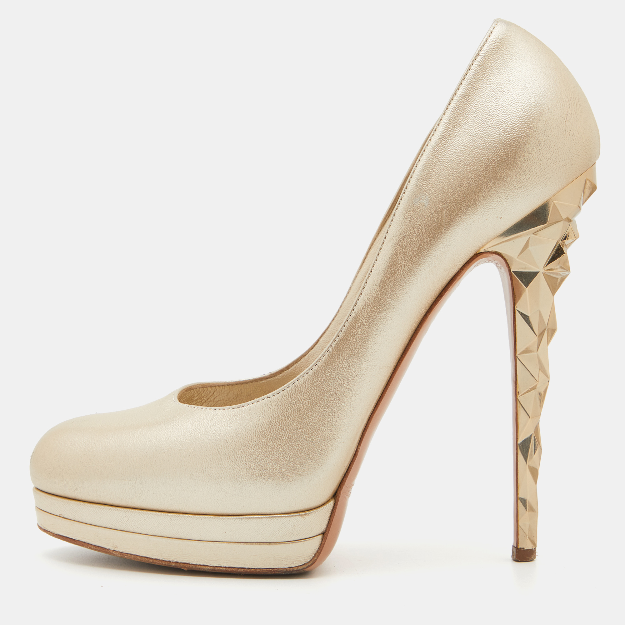 Casadei Metallic Beige Leather Round Toe Platform Pumps Size 38.5