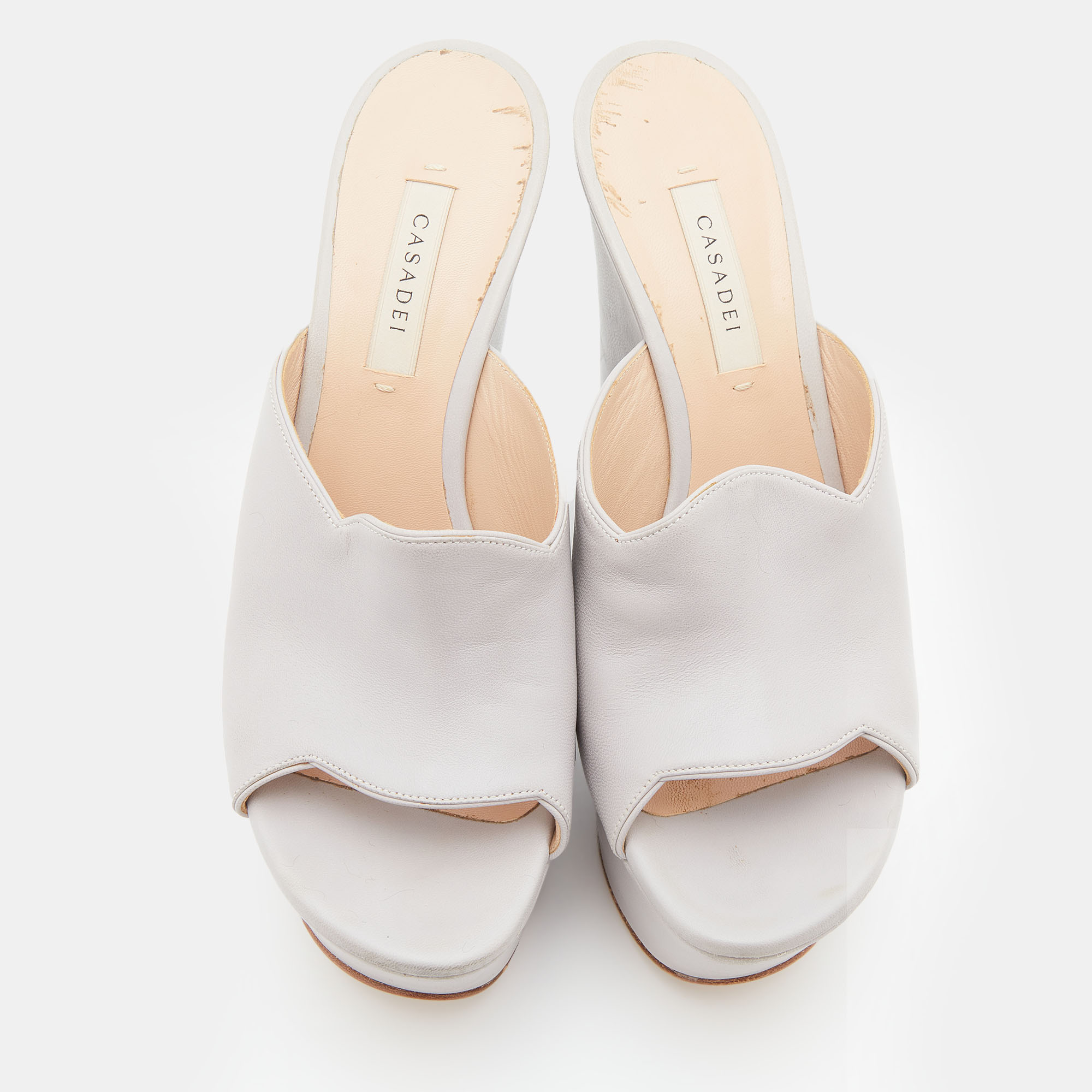 Casadei Grey Leather Platform Wedge Slide Sandals Size 38.5