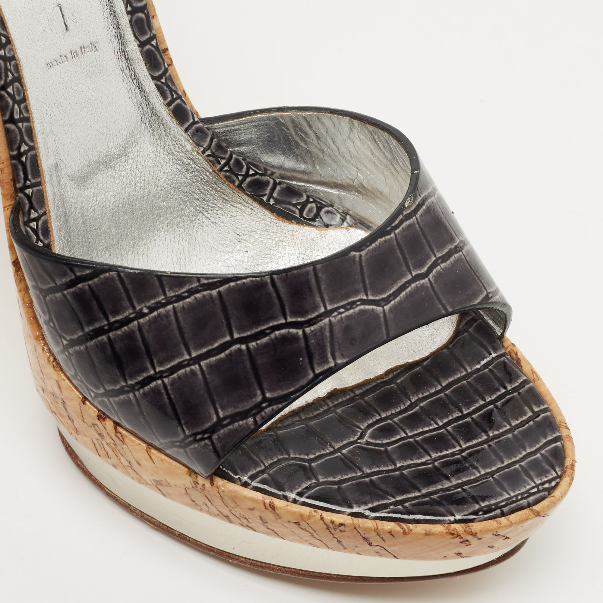 Casadei Black Croc Embossed Patent Leather Cork Platform Sandals Size 39