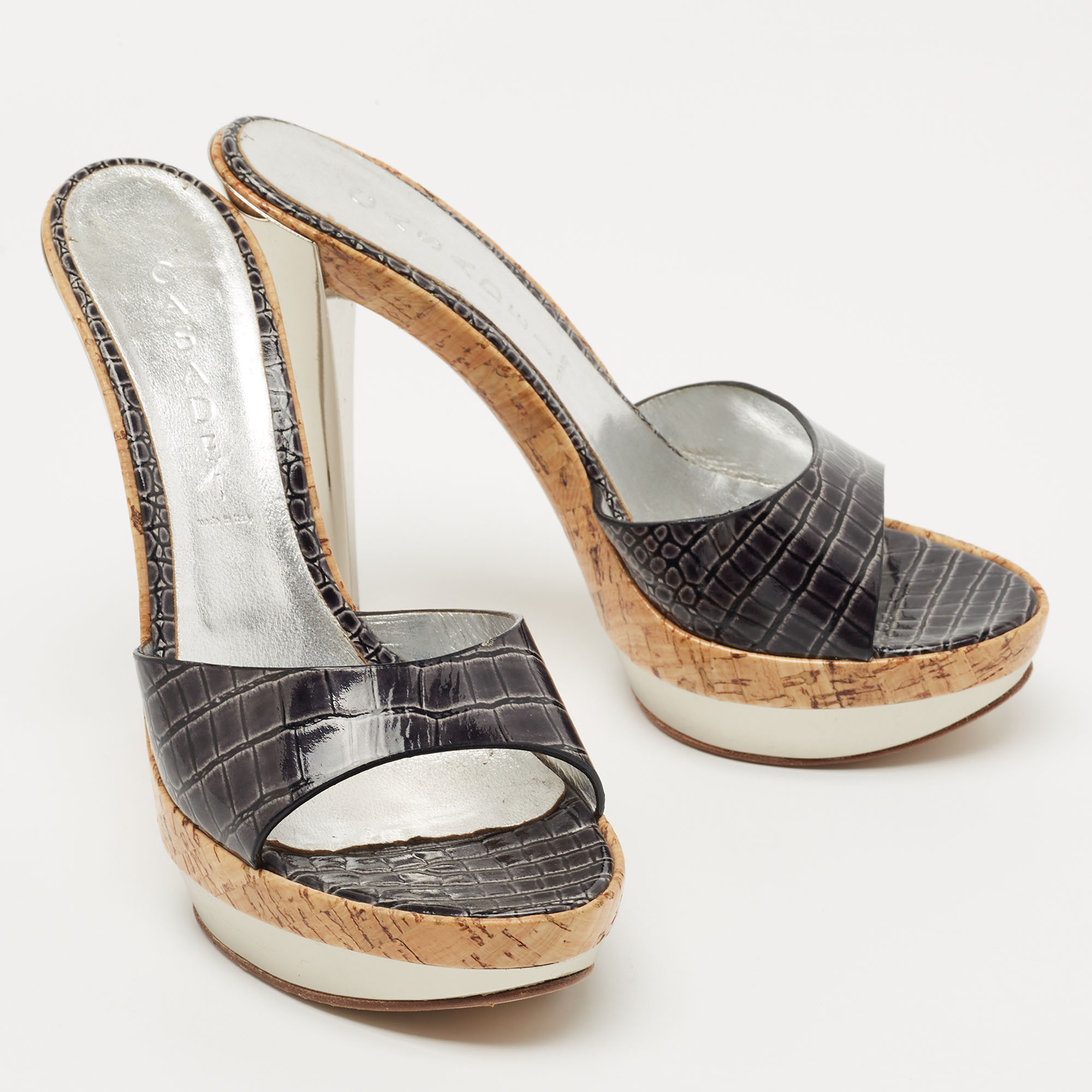 Casadei Black Croc Embossed Patent Leather Cork Platform Sandals Size 39