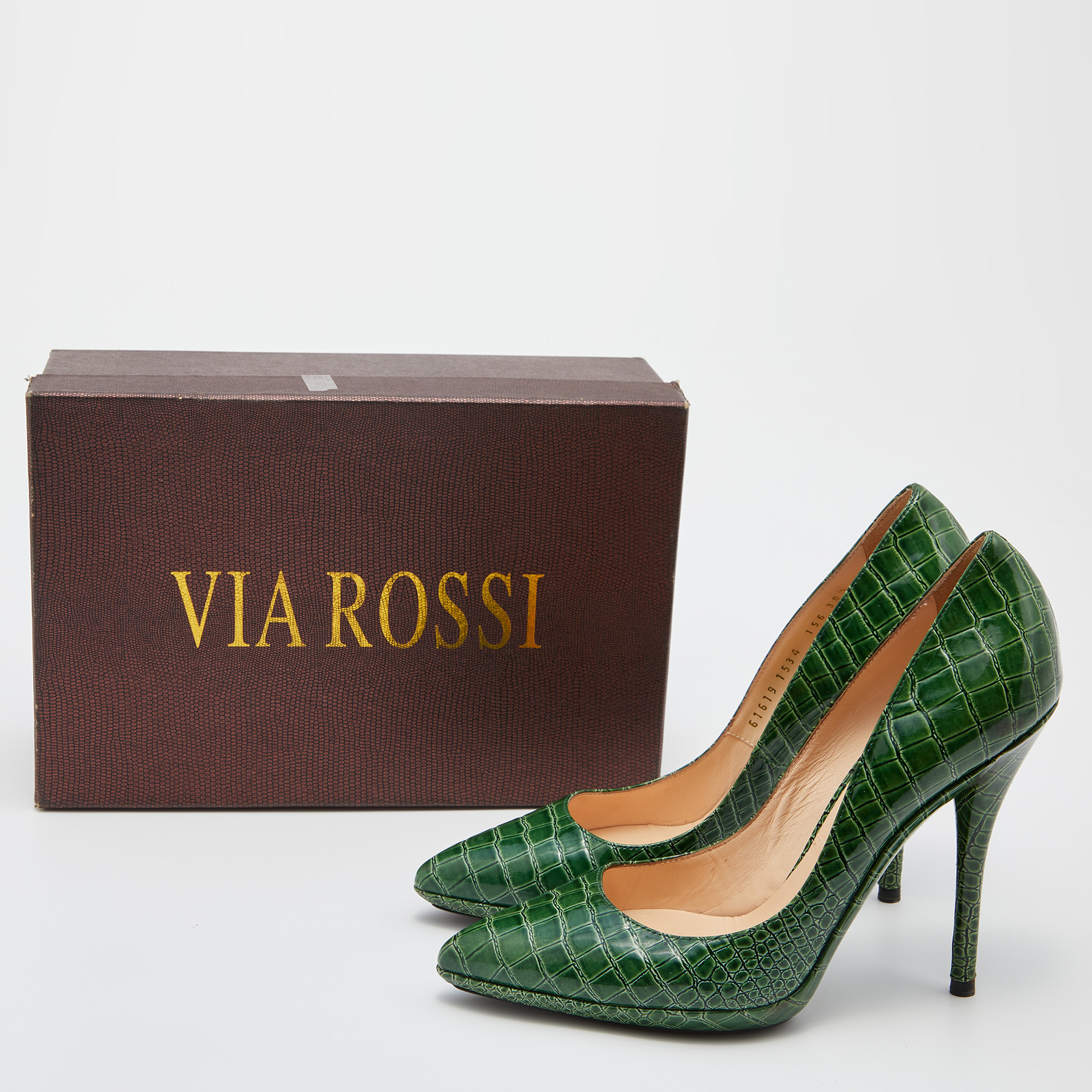 Casadei Green Croc Embossed Patent Leather Pointed Toe Pumps Size 38.5