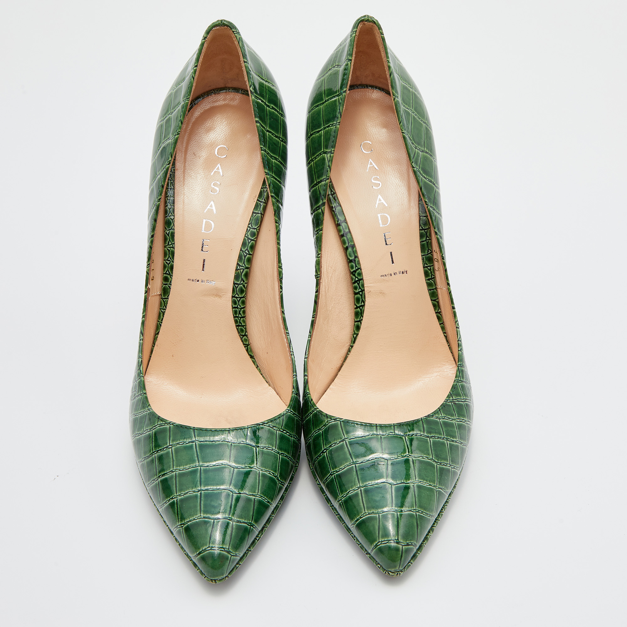 Casadei Green Croc Embossed Patent Leather Pointed Toe Pumps Size 38.5