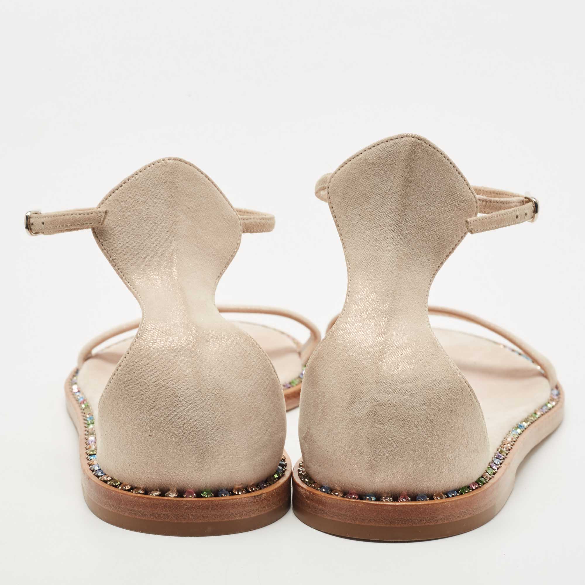 Casadei Metallic Pink Suede Crystal Embellished Ankle Strap Flats Size 39