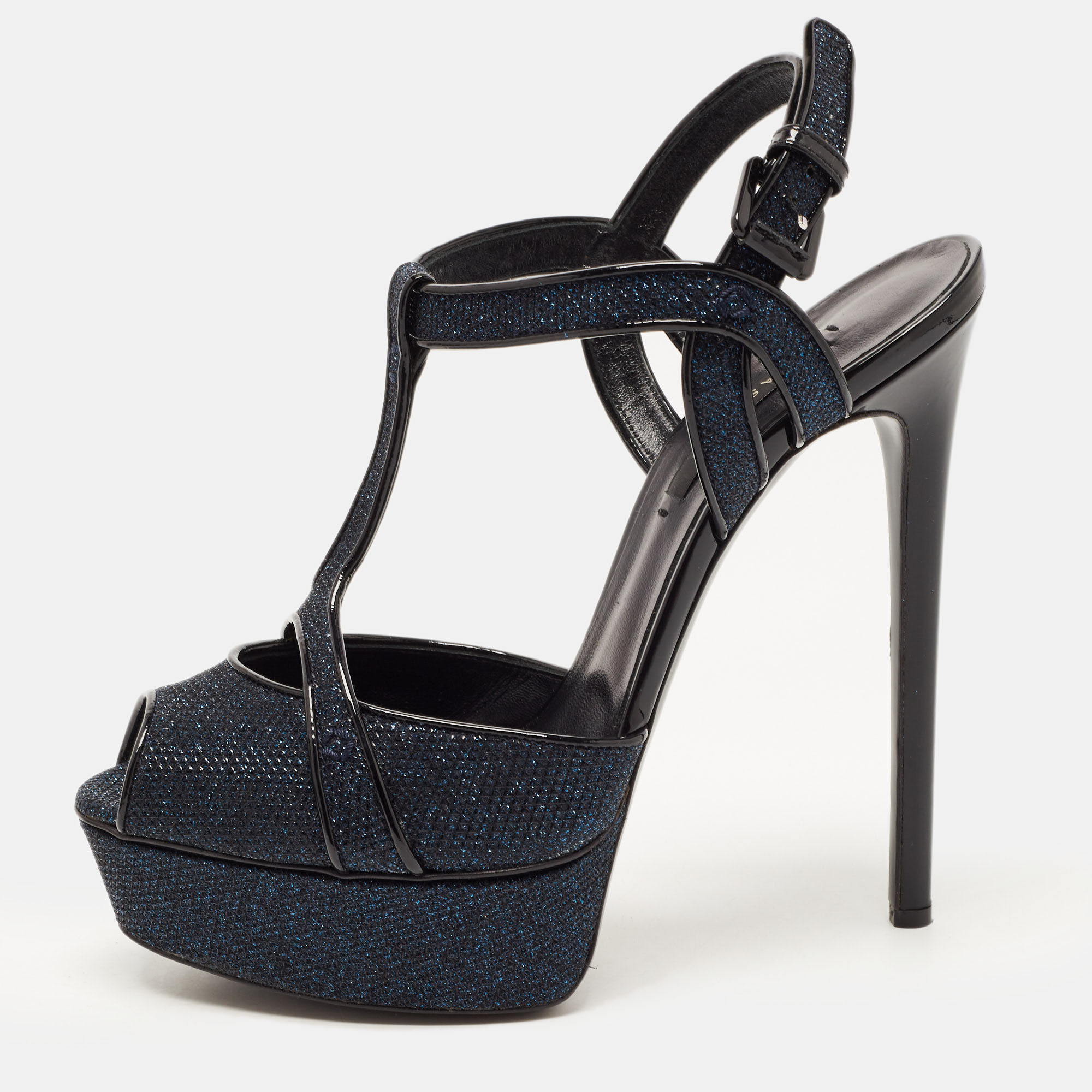 Casadei Blue/Black Glitter Lace And Patent Leather Platform Ankle Strap Sandals Size 40