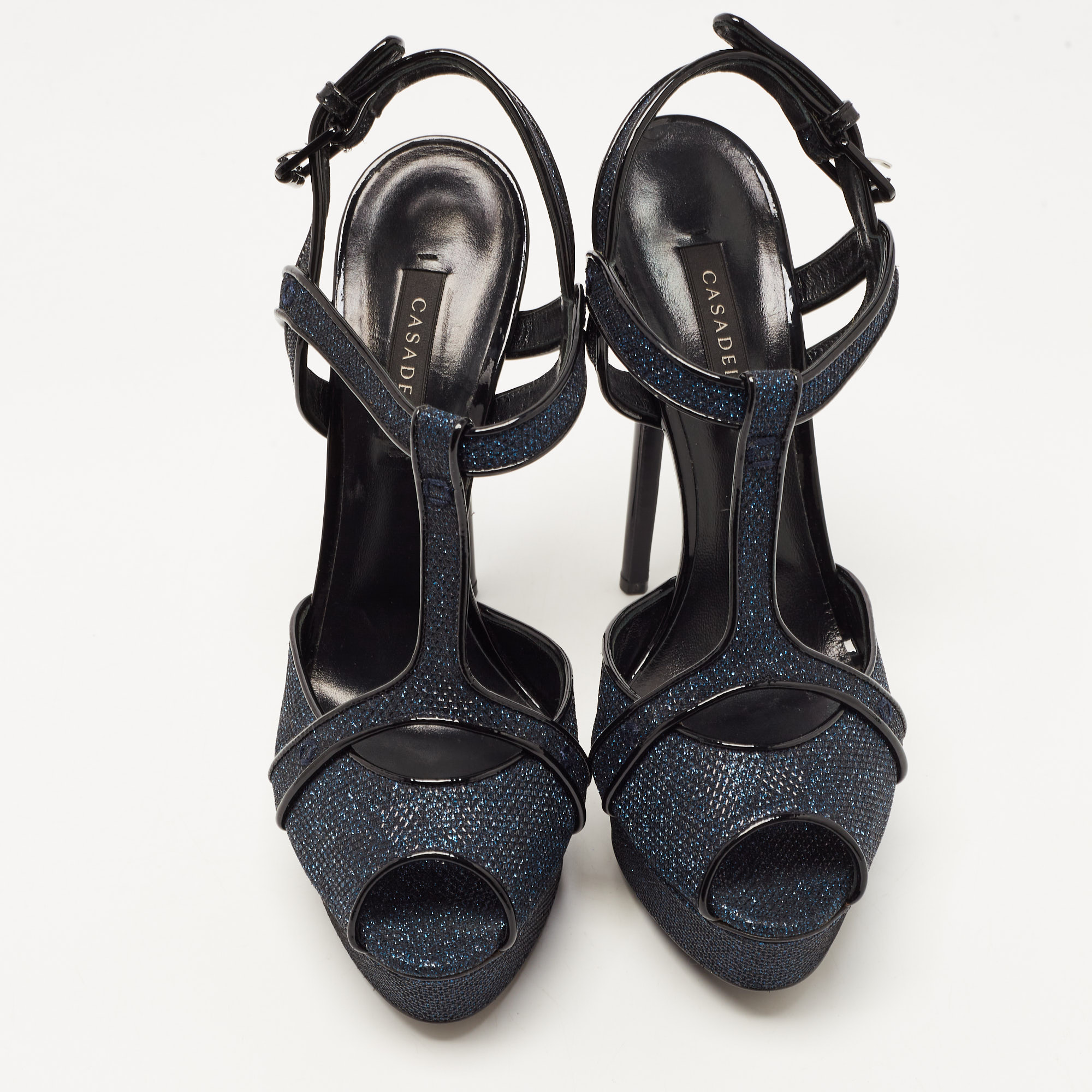 Casadei Blue/Black Glitter Lace And Patent Leather Platform Ankle Strap Sandals Size 40