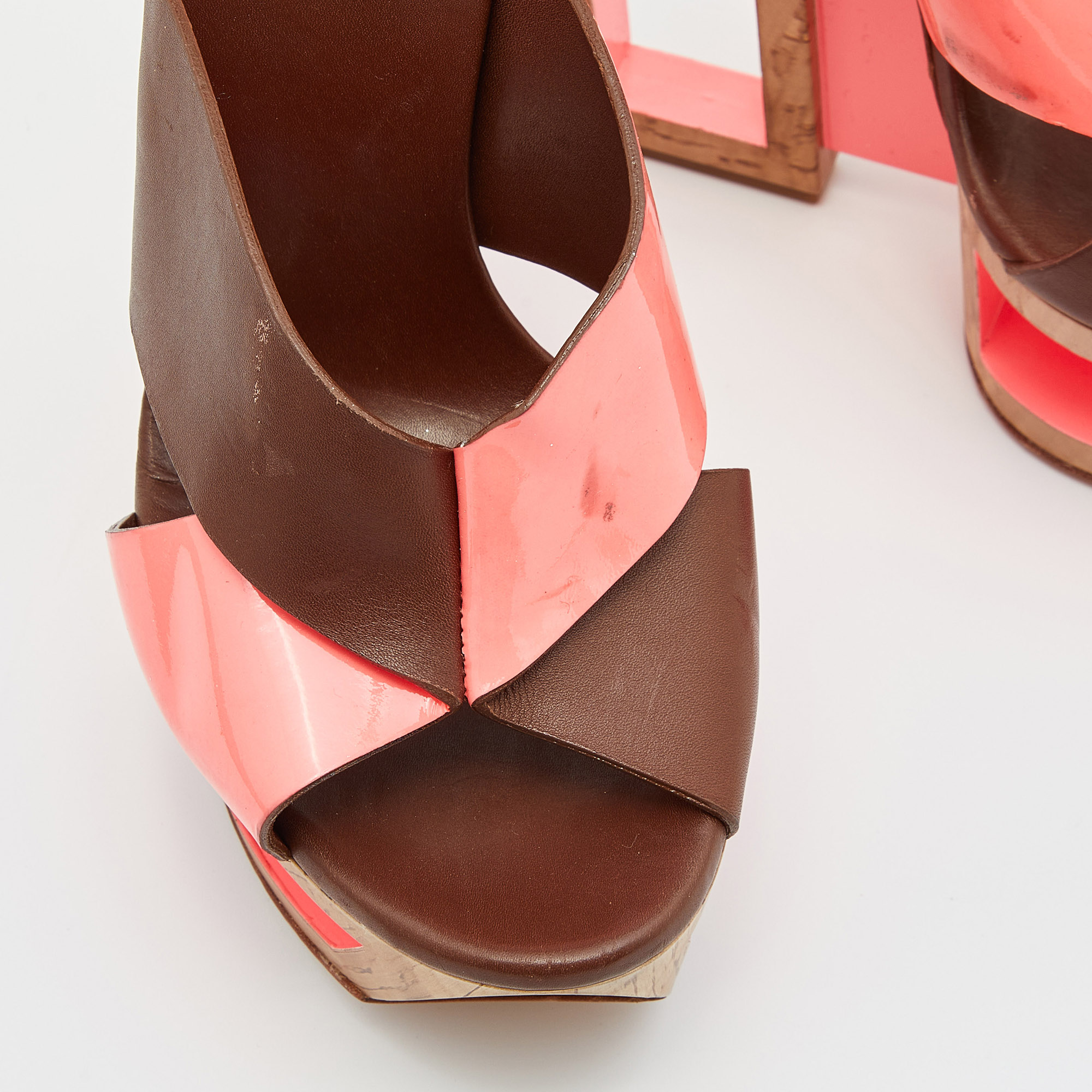 Casadei Brown/Orange Leather And Patent Wedge Platform Slide Sandals Size 36