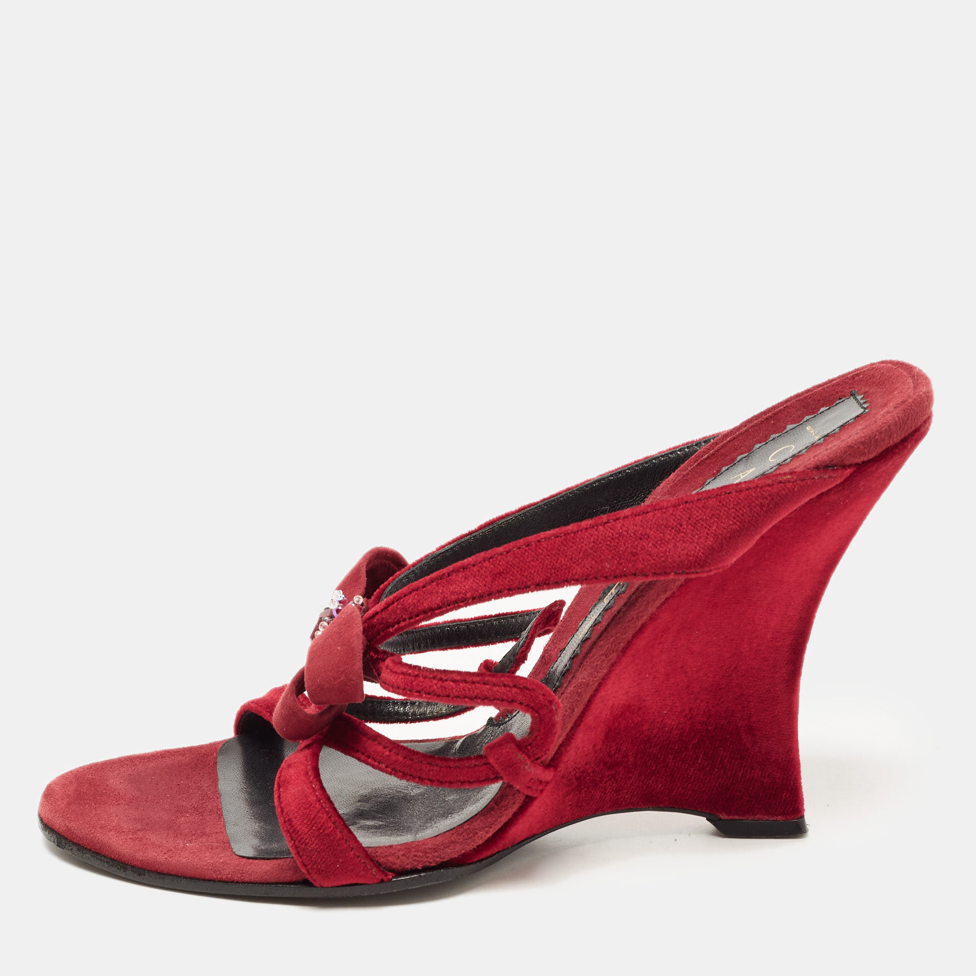 Casadei Red Velvet Bow Embellished Wedge Strappy Sandals Size 38