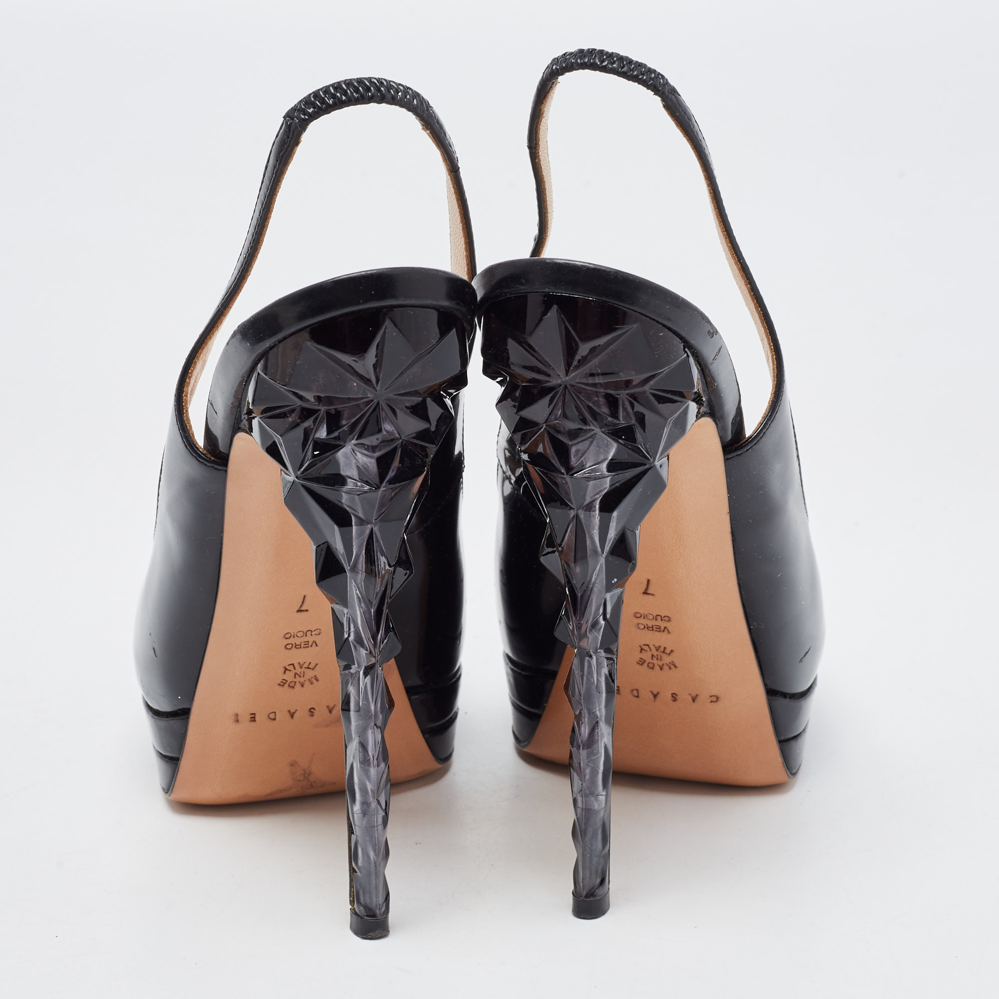 Casadei Black Patent Leather Peep Toe Platform Slingback Pumps Size 37