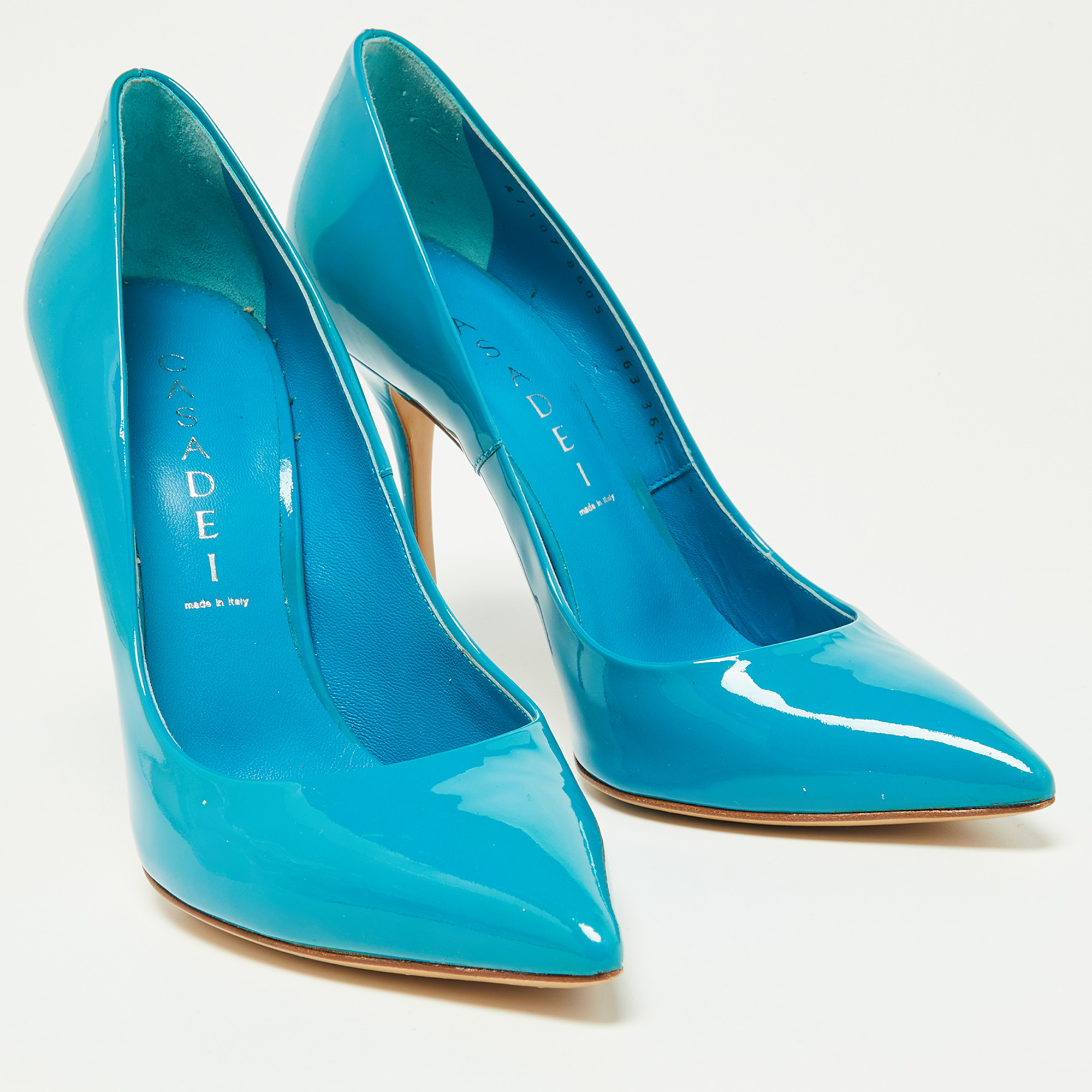 Casadei Blue Patent Leather Tiffany Pointed Toe Pumps Size 36.5