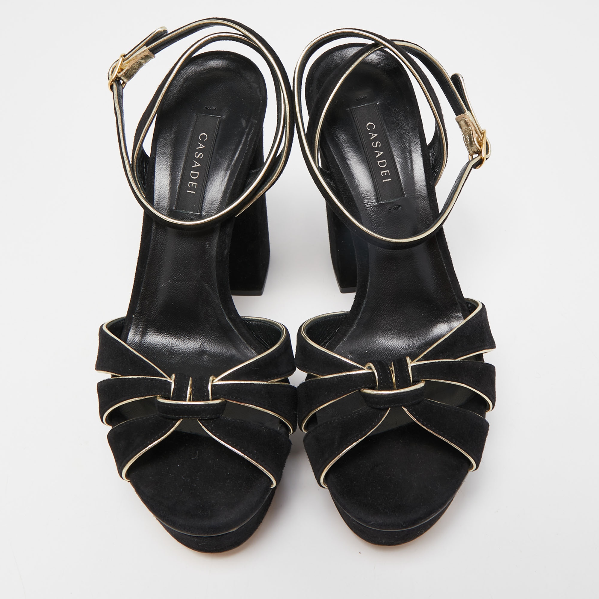 Casadei Black/Gold Suede Platform Ankle Strap Sandals Size 36