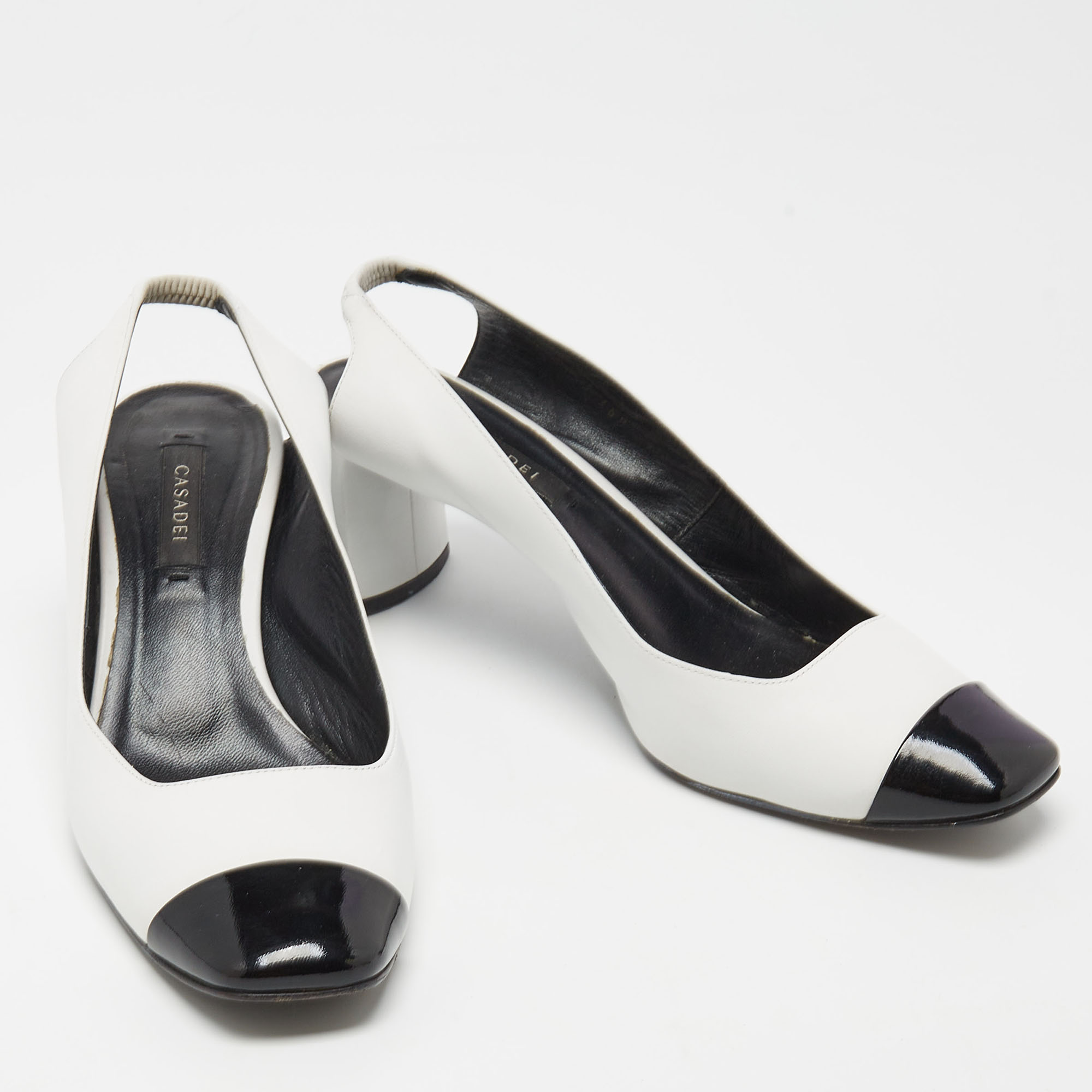 Casadei White/Black Leather And Patent Square Cap Toe Slingback Pumps Size 37