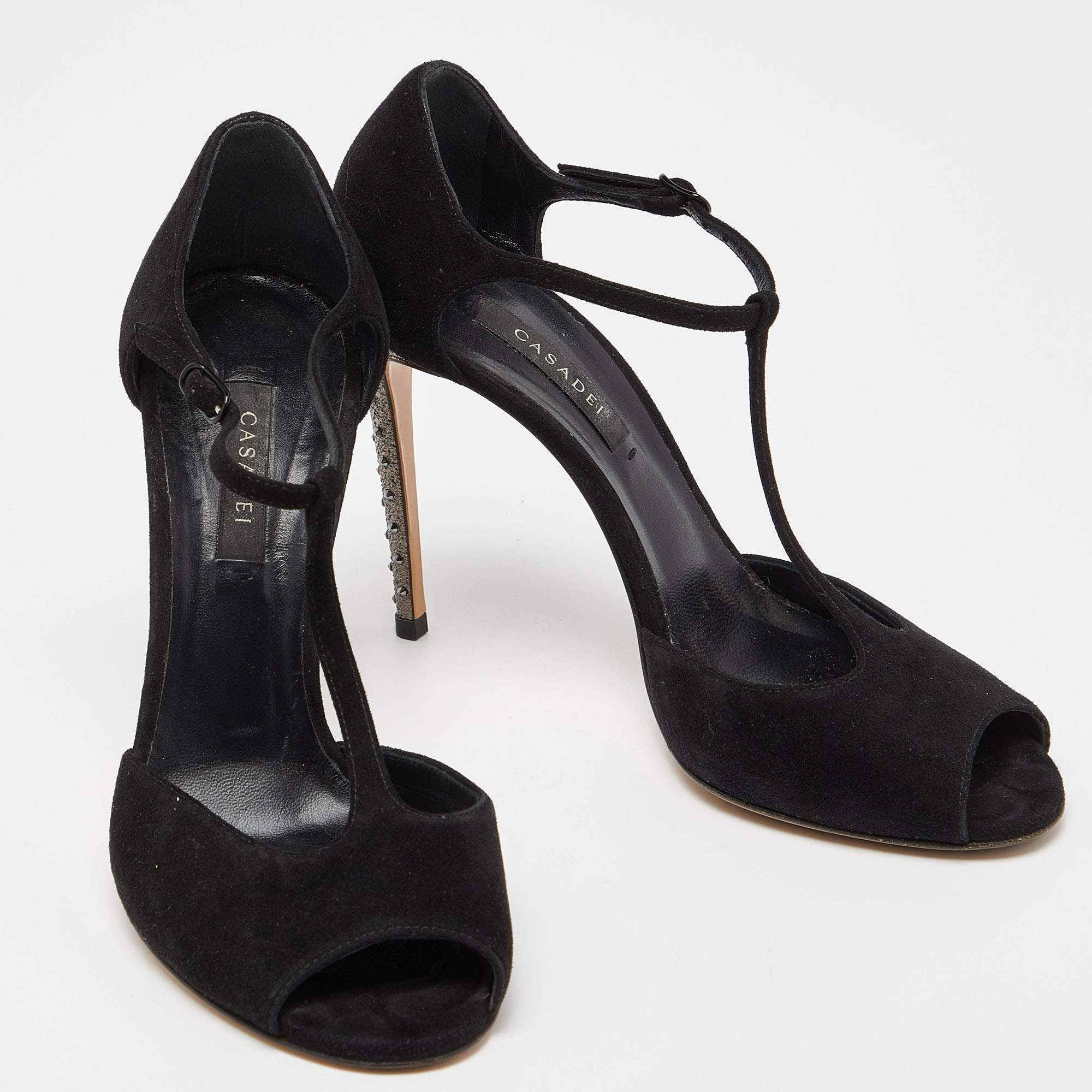 Casadei Black Suede Crystal Embellished Heel Ankle Wrap Sandals Size 38