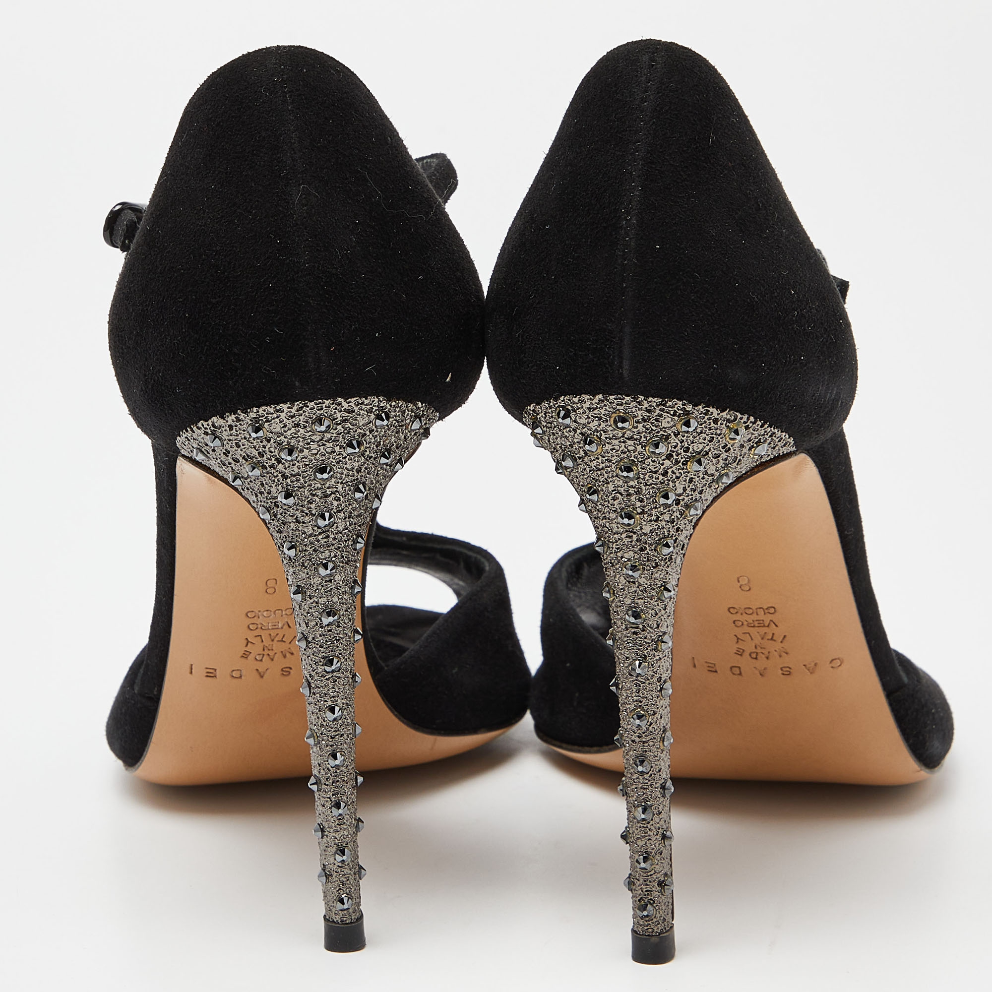 Casadei Black Suede Crystal Embellished Heel Ankle Wrap Sandals Size 38