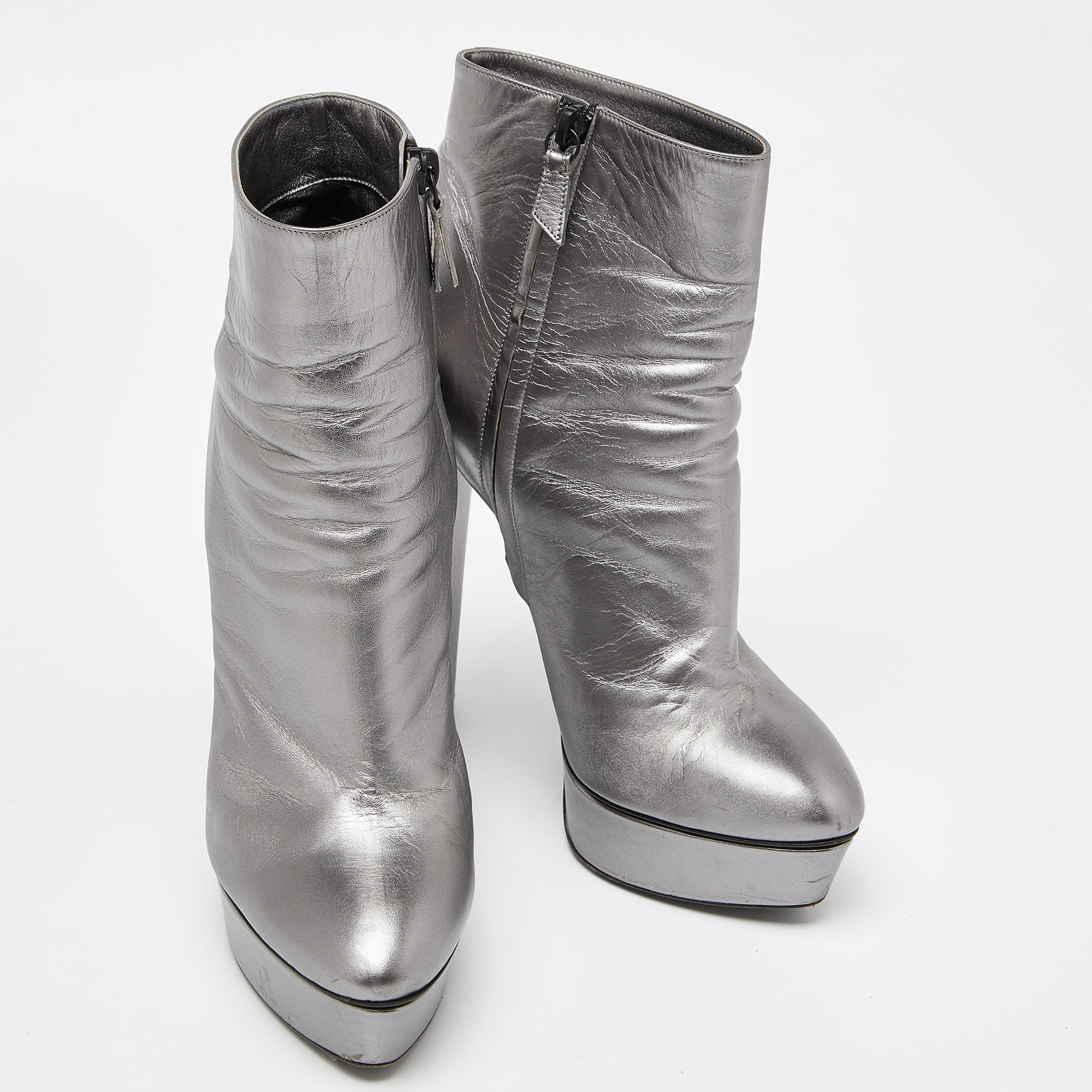 Casadei Metallic Silver Leather Ankle Boots Size 40