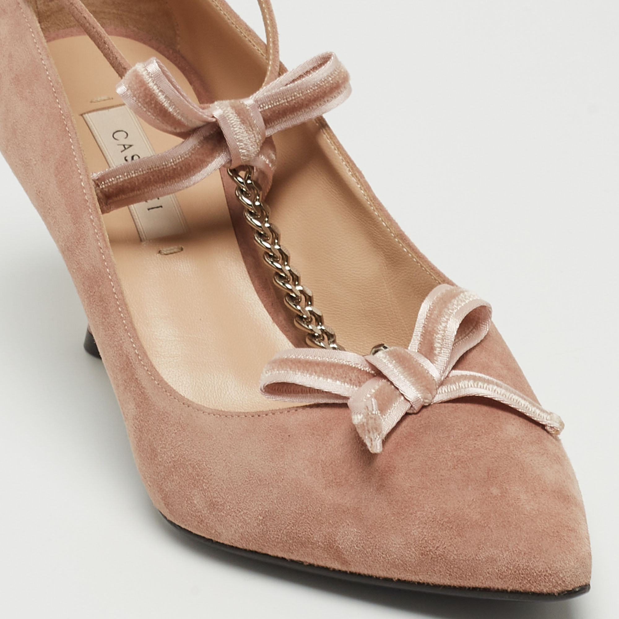 Casadei Pink Suede Chain T-Strap Bow Pointed Toe Pumps Size 37
