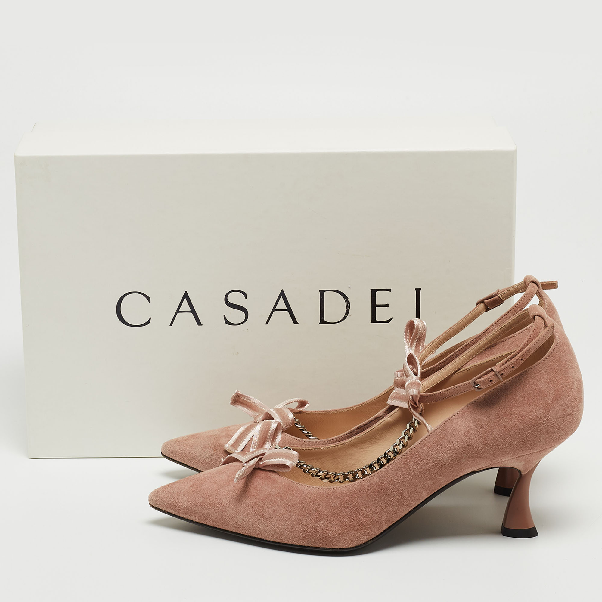 Casadei Pink Suede Chain T-Strap Bow Pointed Toe Pumps Size 37