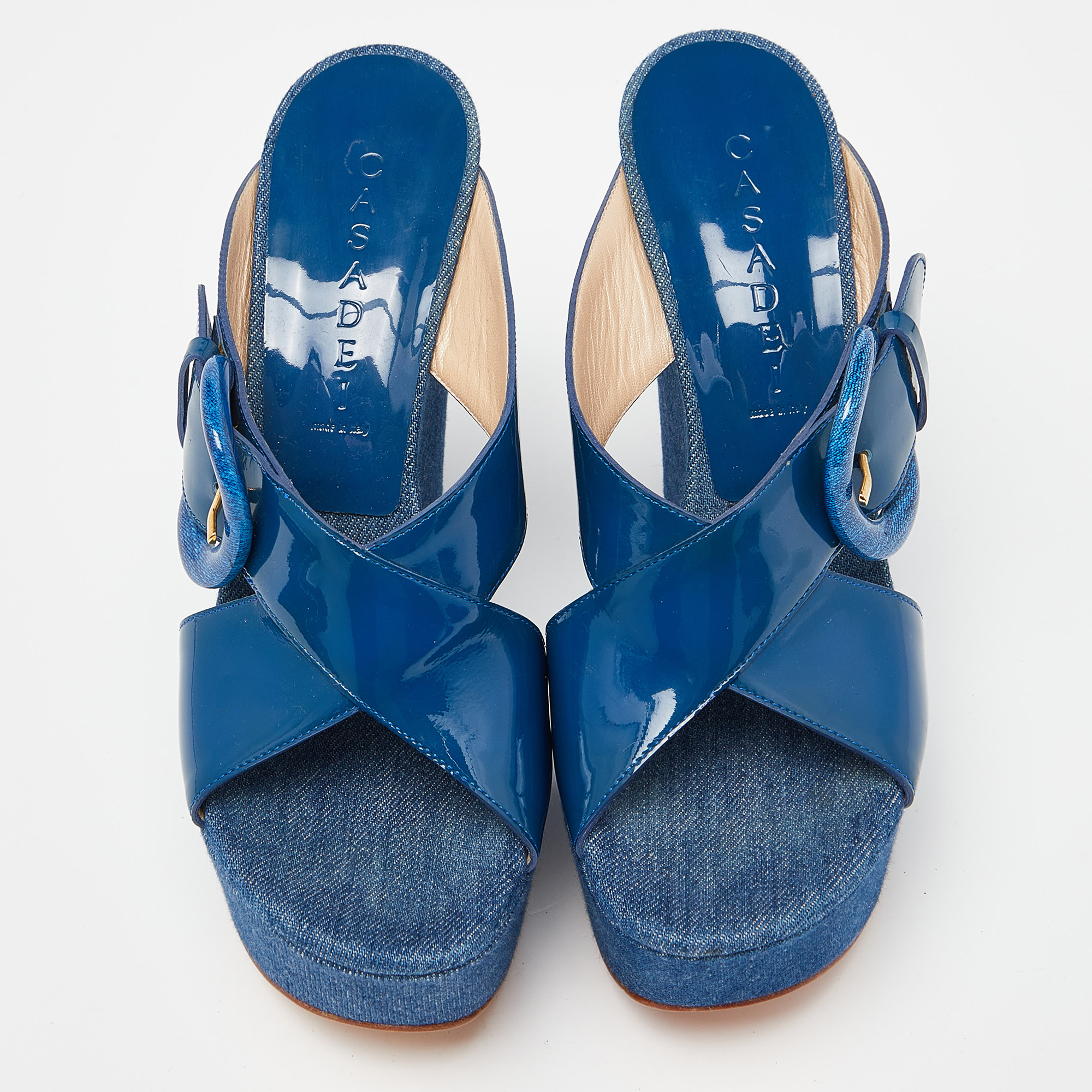 Casadei Blue Patent Leather Wedge Platform Slide Sandals Size 38