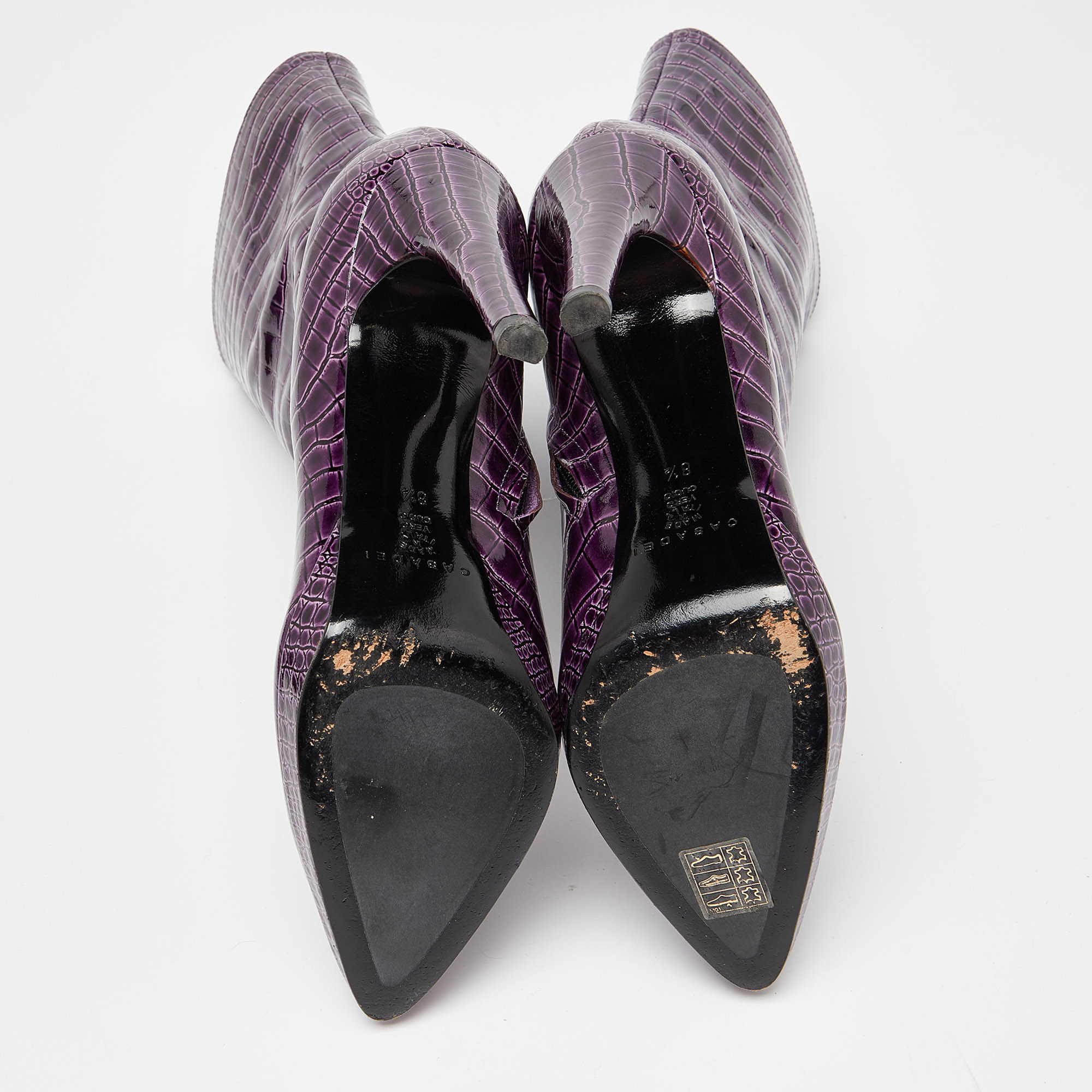 Casadei Purple Croc Embossed Patent Leather Mid Calf Platform Boots Size 38.5