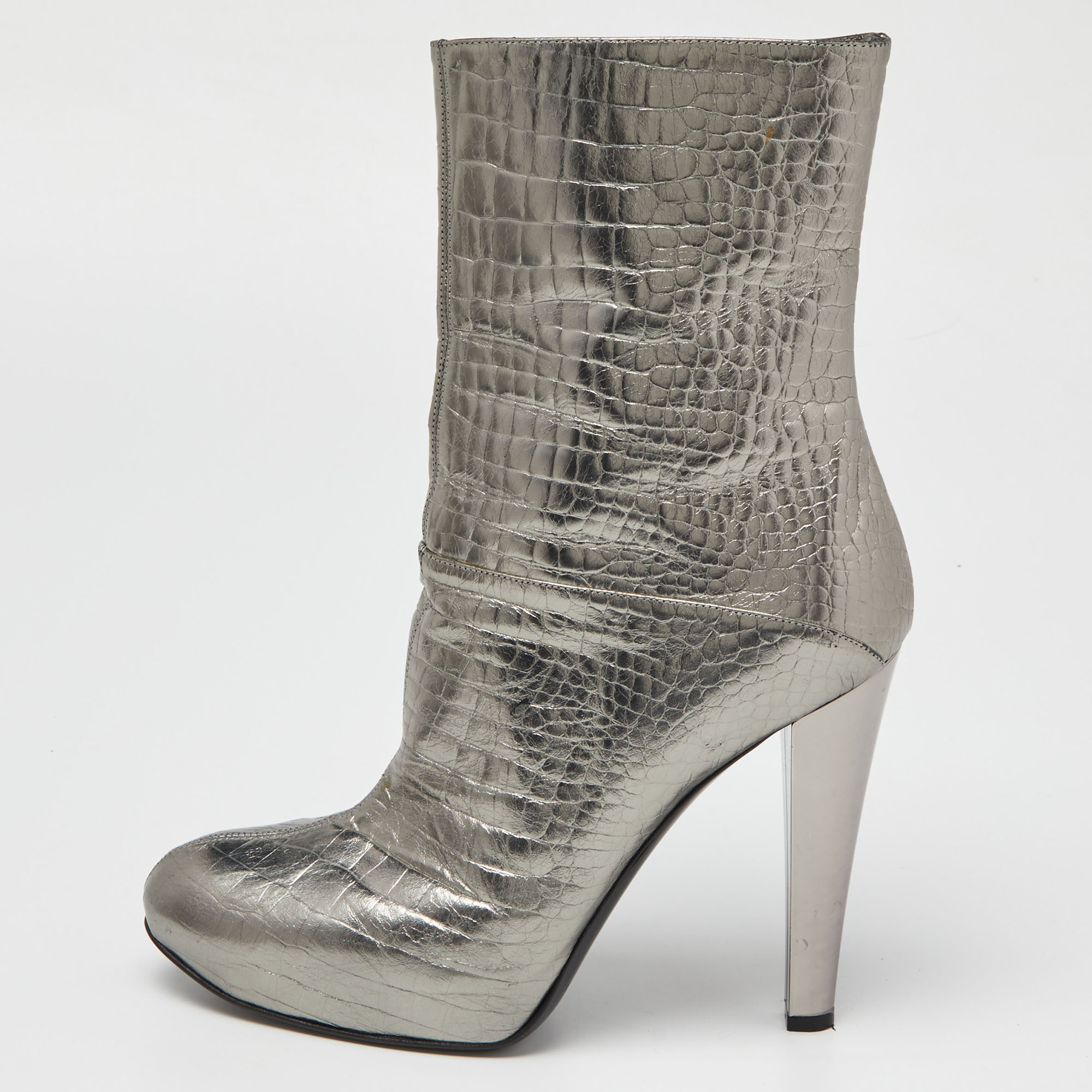 Casadei Silver Croc Embossed Leather Mid Calf Boots Size 38