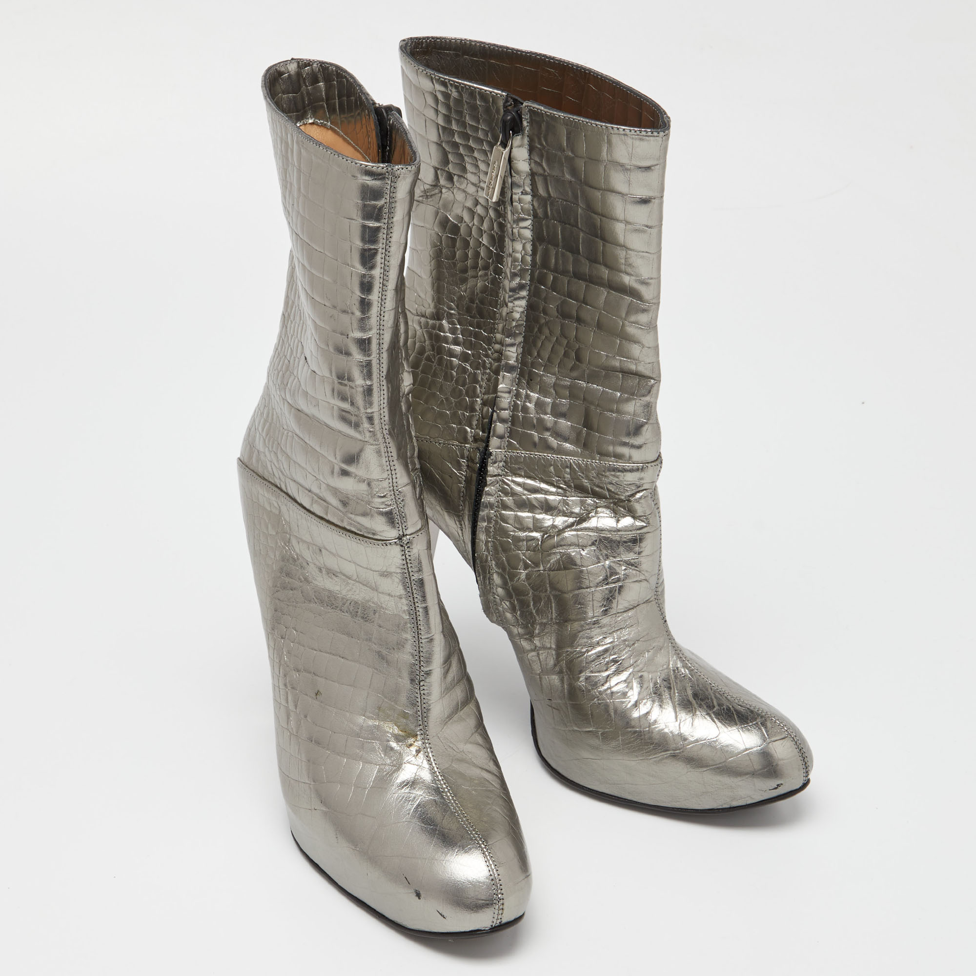 Casadei Silver Croc Embossed Leather Mid Calf Boots Size 38