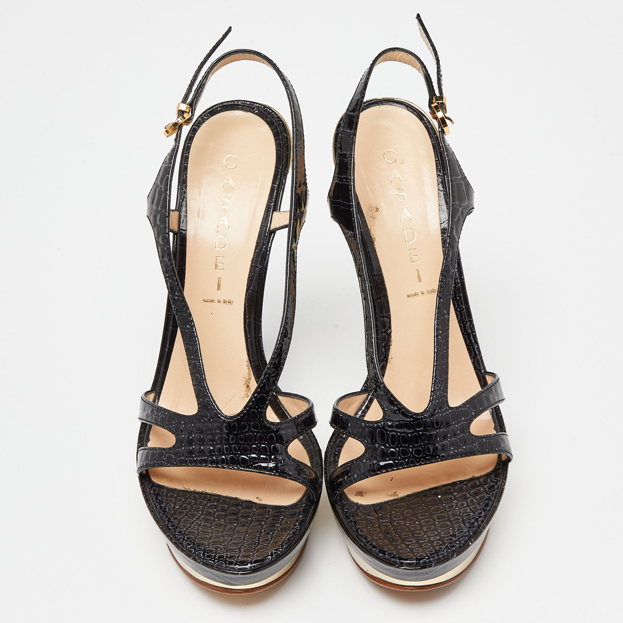 Casadei Black Croc Embossed Leather Ankle Strap Platform Sandals Size 38