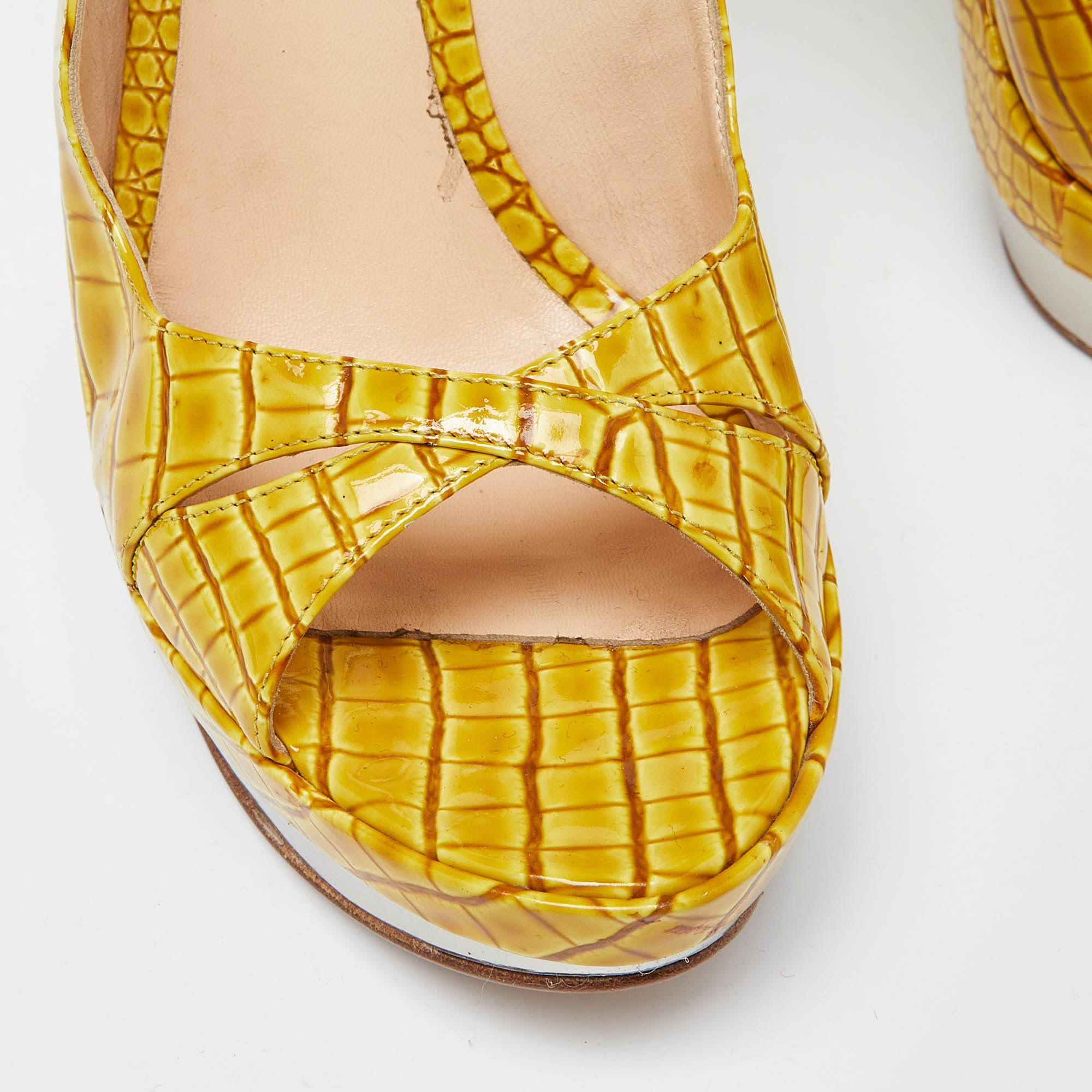 Casadei Yellow Croc Embossed Leather Cross Strap Platform Sandals Size 37