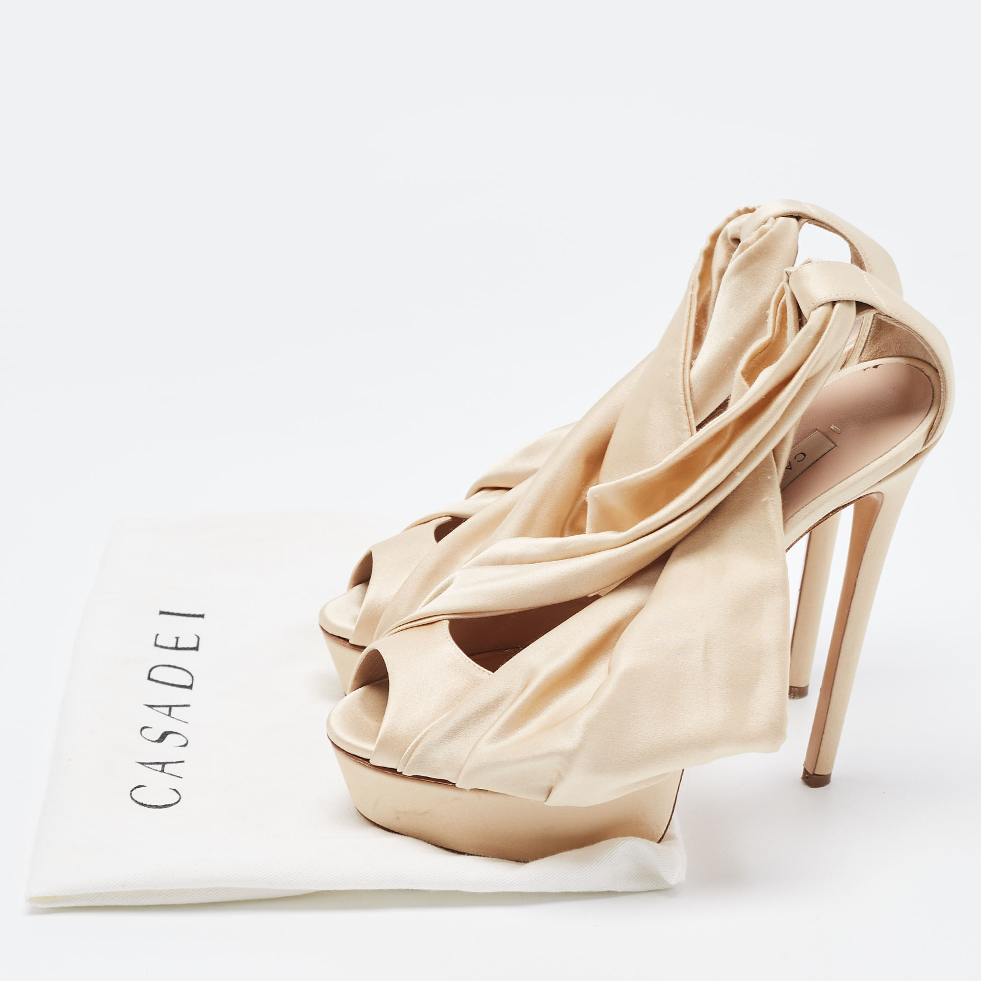 Casadei Metallic Beige Draped Satin Peep Toe Platform Pumps Size 38