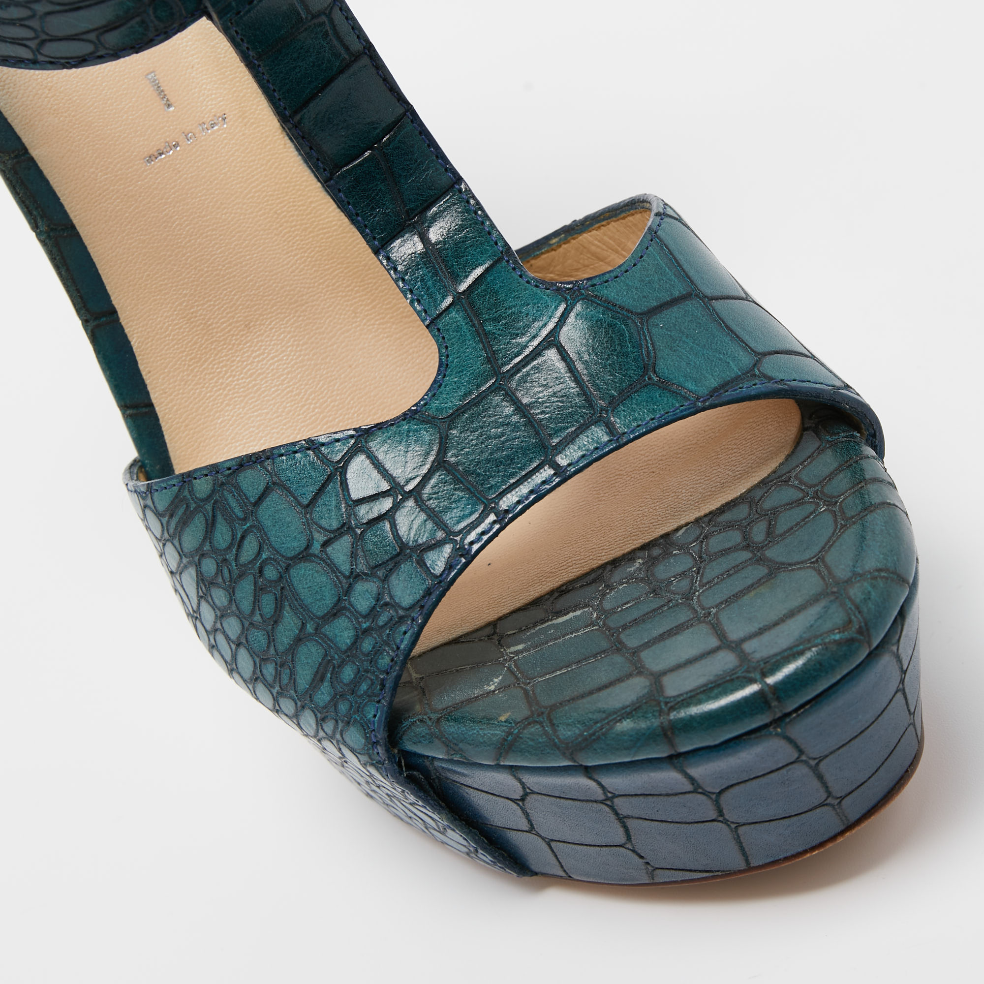 Casadei Green Croc Embossed Leather T-Bar Platform Ankle Strap Sandals Size 38