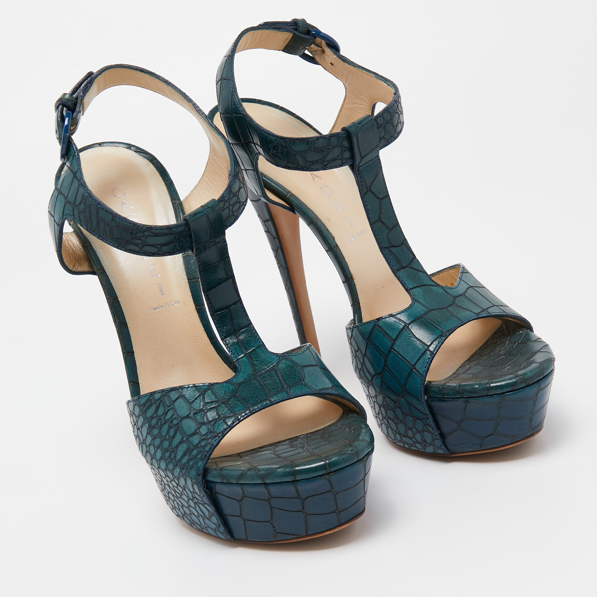 Casadei Green Croc Embossed Leather T-Bar Platform Ankle Strap Sandals Size 38