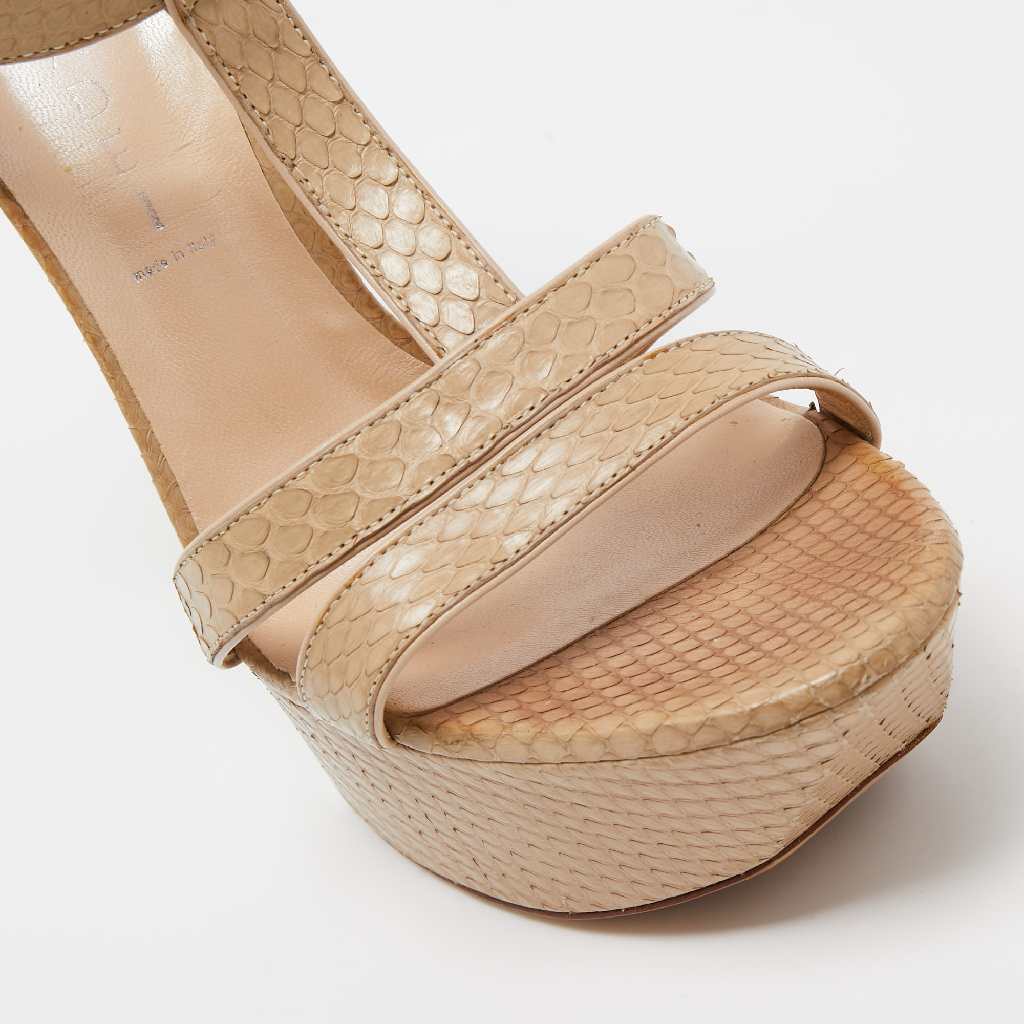 Casadei Beige Embossed Python Platform T-Strap Sandals Size 38