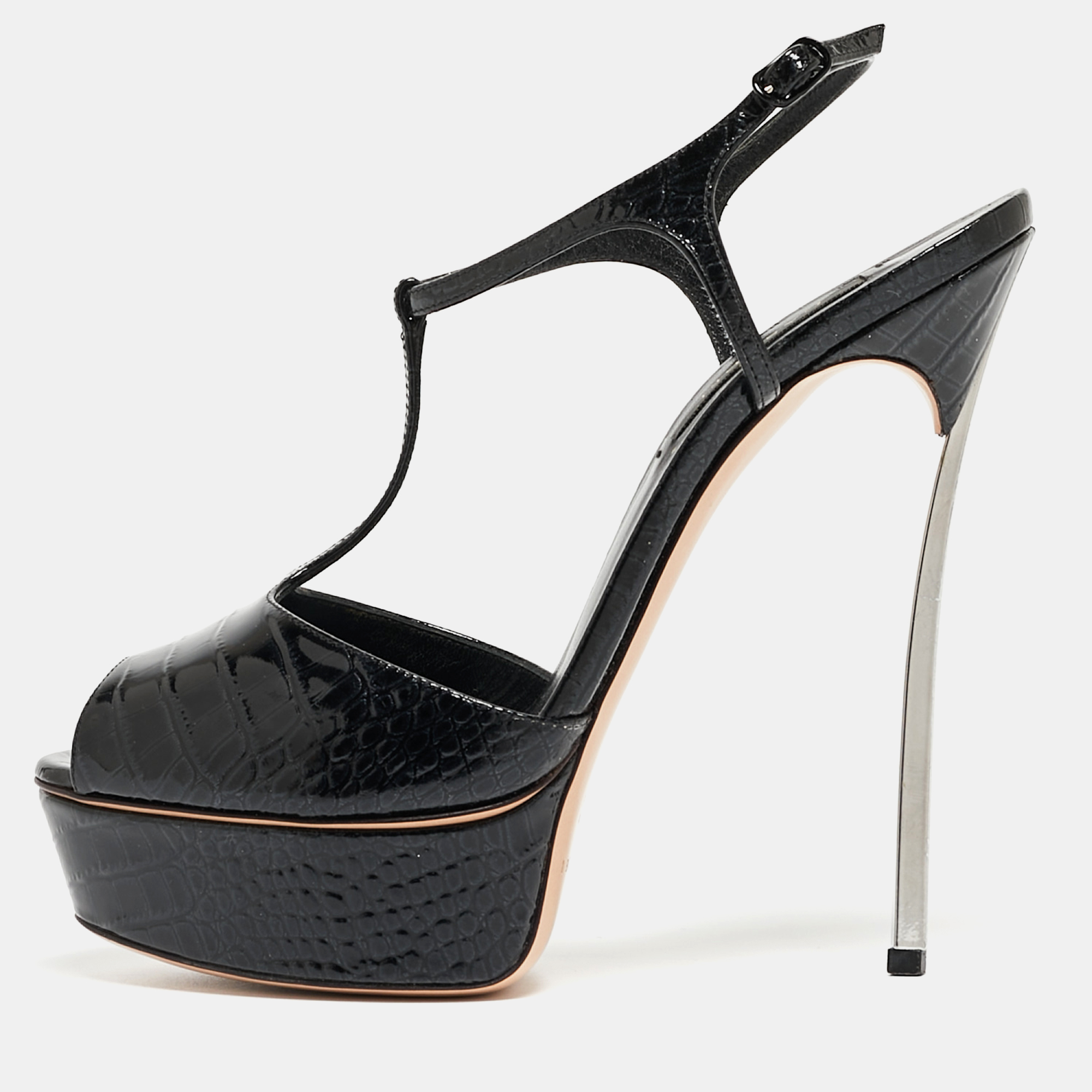 Casadei Black Croc Embossed Patent Leather Peep Toe Platform T-Strap Sandals Size 37.5